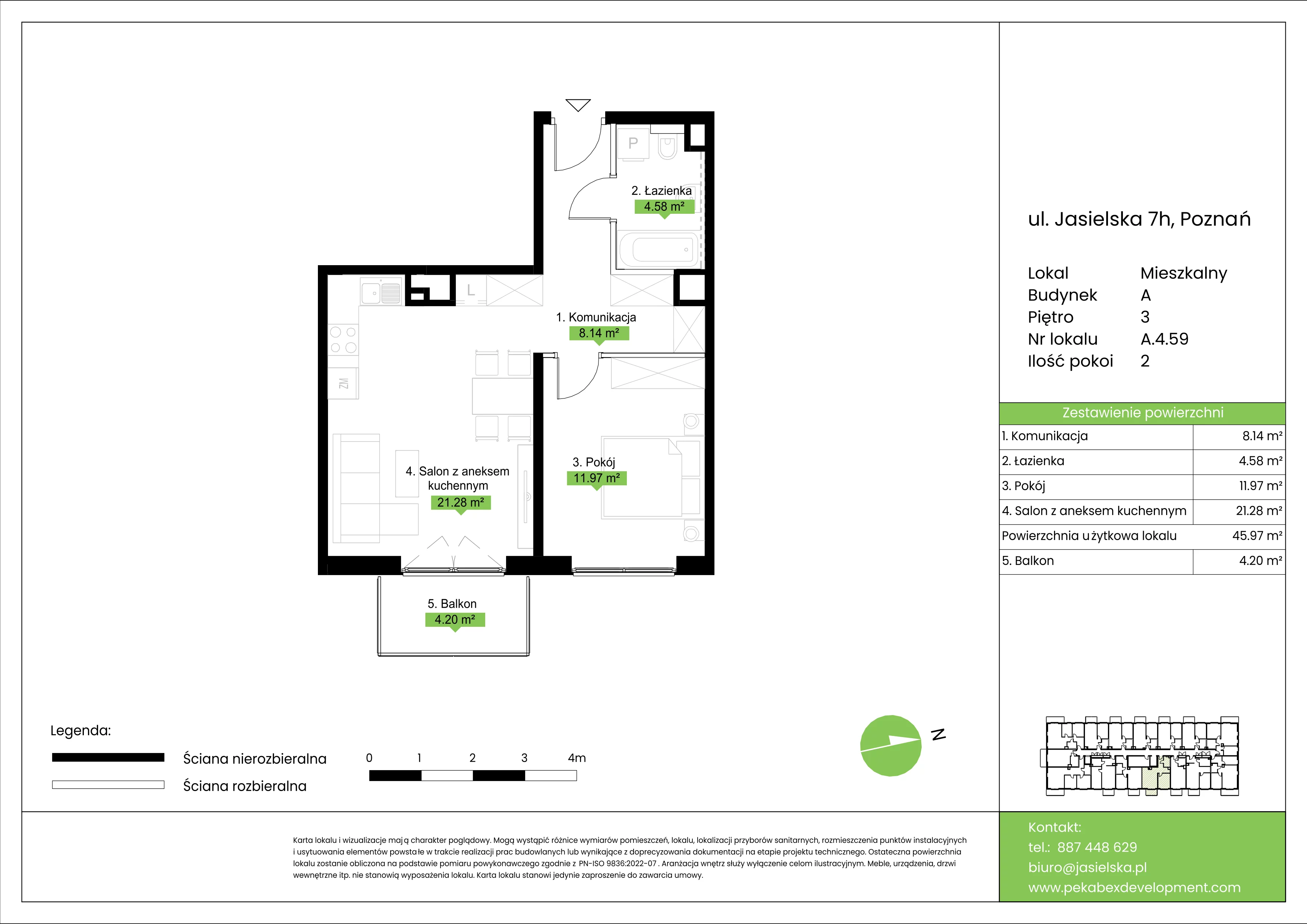 2 pokoje, mieszkanie 45,97 m², piętro 3, oferta nr A.4.59, JA_SIELSKA etap V, Poznań, Podolany, Podolany, ul. Jasielska