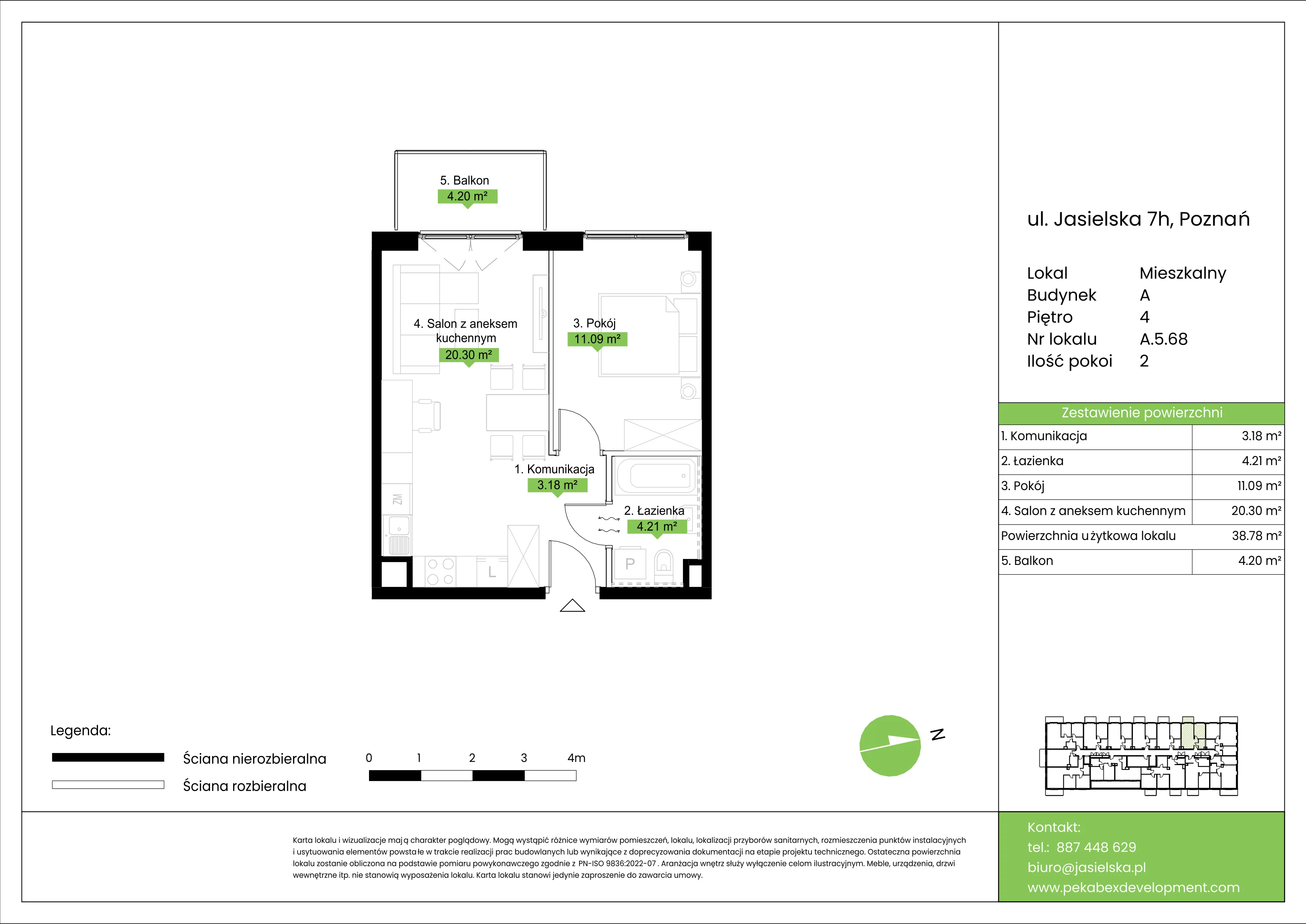 2 pokoje, mieszkanie 38,78 m², piętro 4, oferta nr A.5.68, JA_SIELSKA etap V, Poznań, Podolany, Podolany, ul. Jasielska