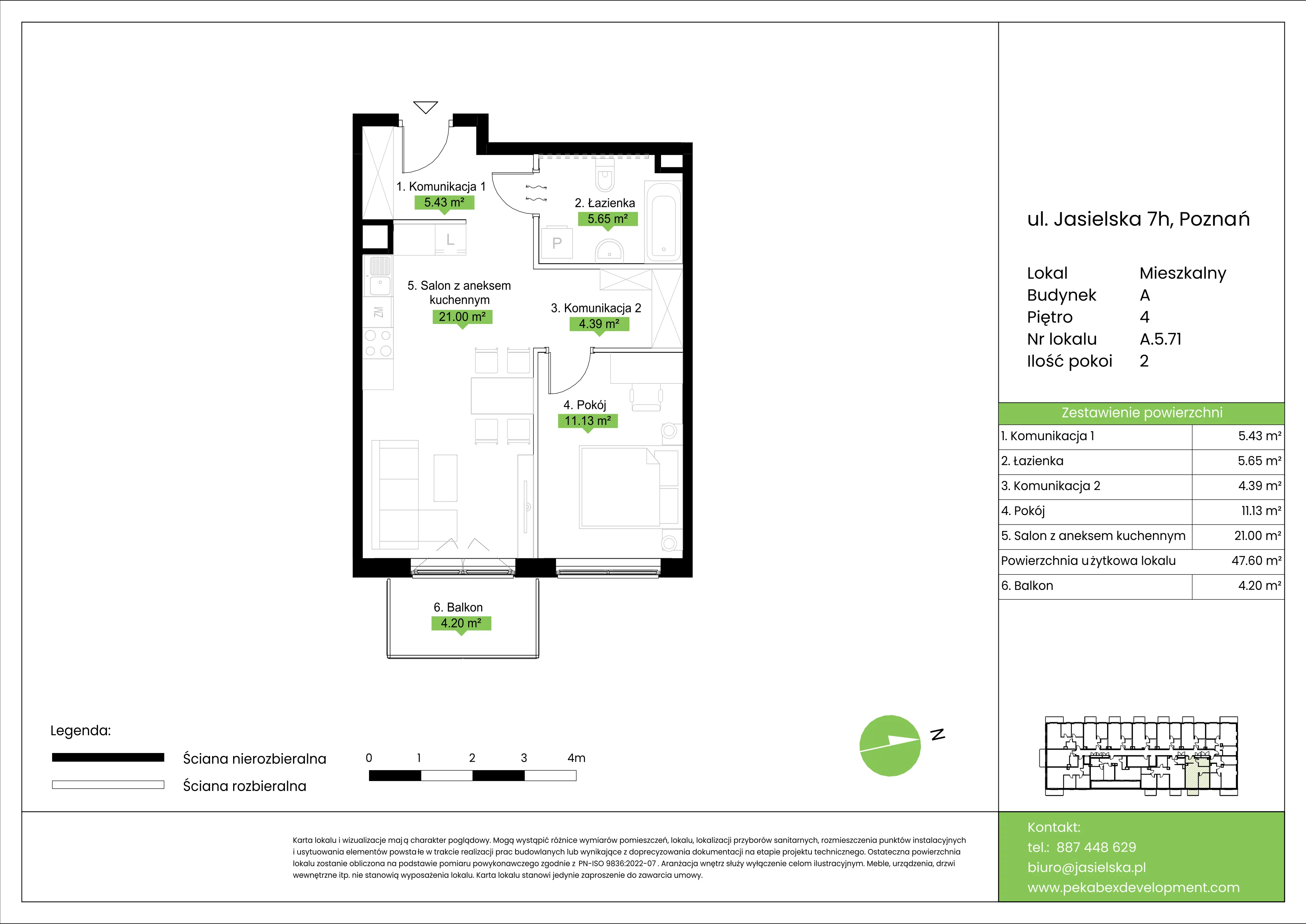 2 pokoje, mieszkanie 47,60 m², piętro 4, oferta nr A.5.71, JA_SIELSKA etap V, Poznań, Podolany, Podolany, ul. Jasielska