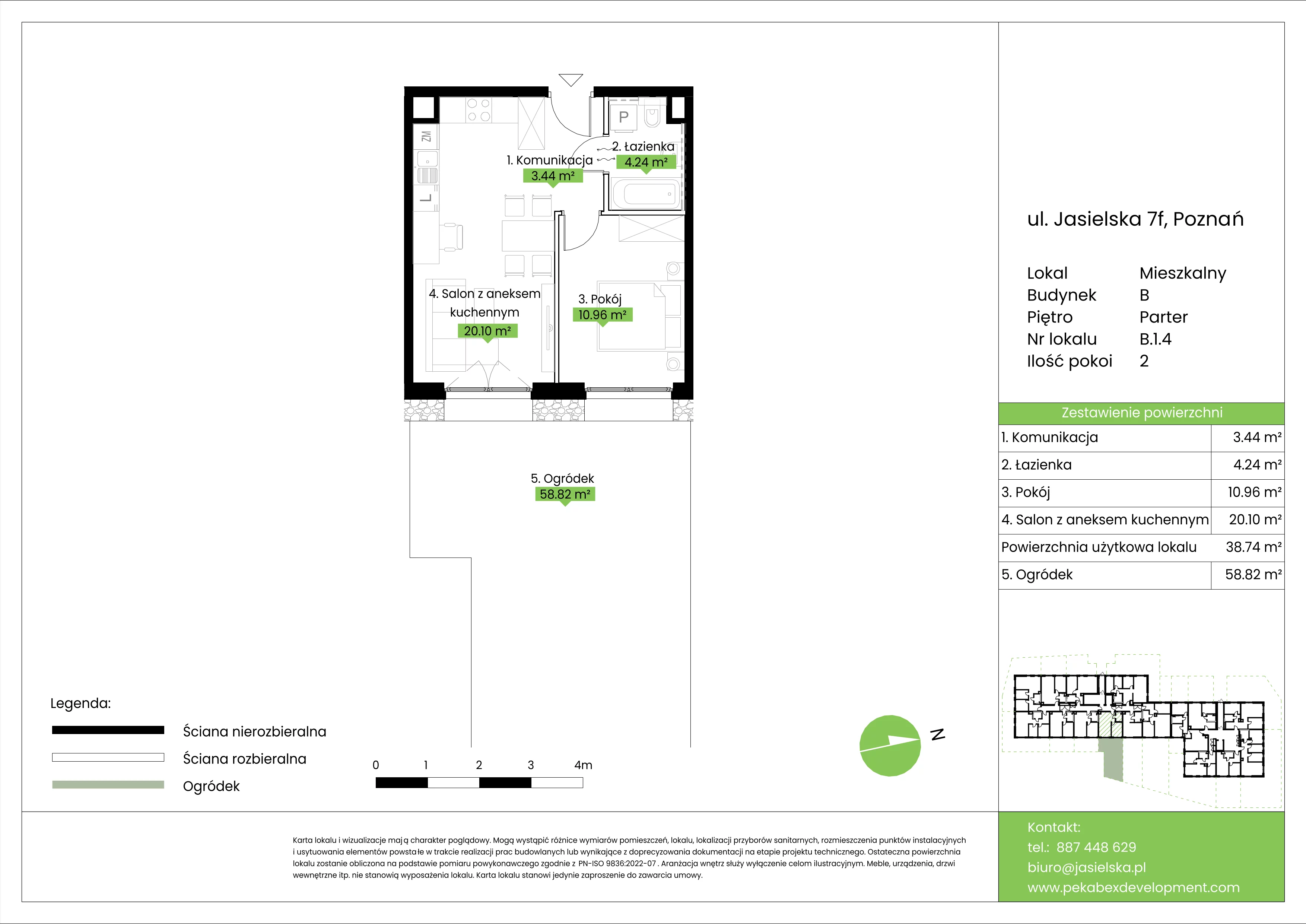 2 pokoje, mieszkanie 38,74 m², parter, oferta nr B.1.4, JA_SIELSKA etap V, Poznań, Podolany, Podolany, ul. Jasielska