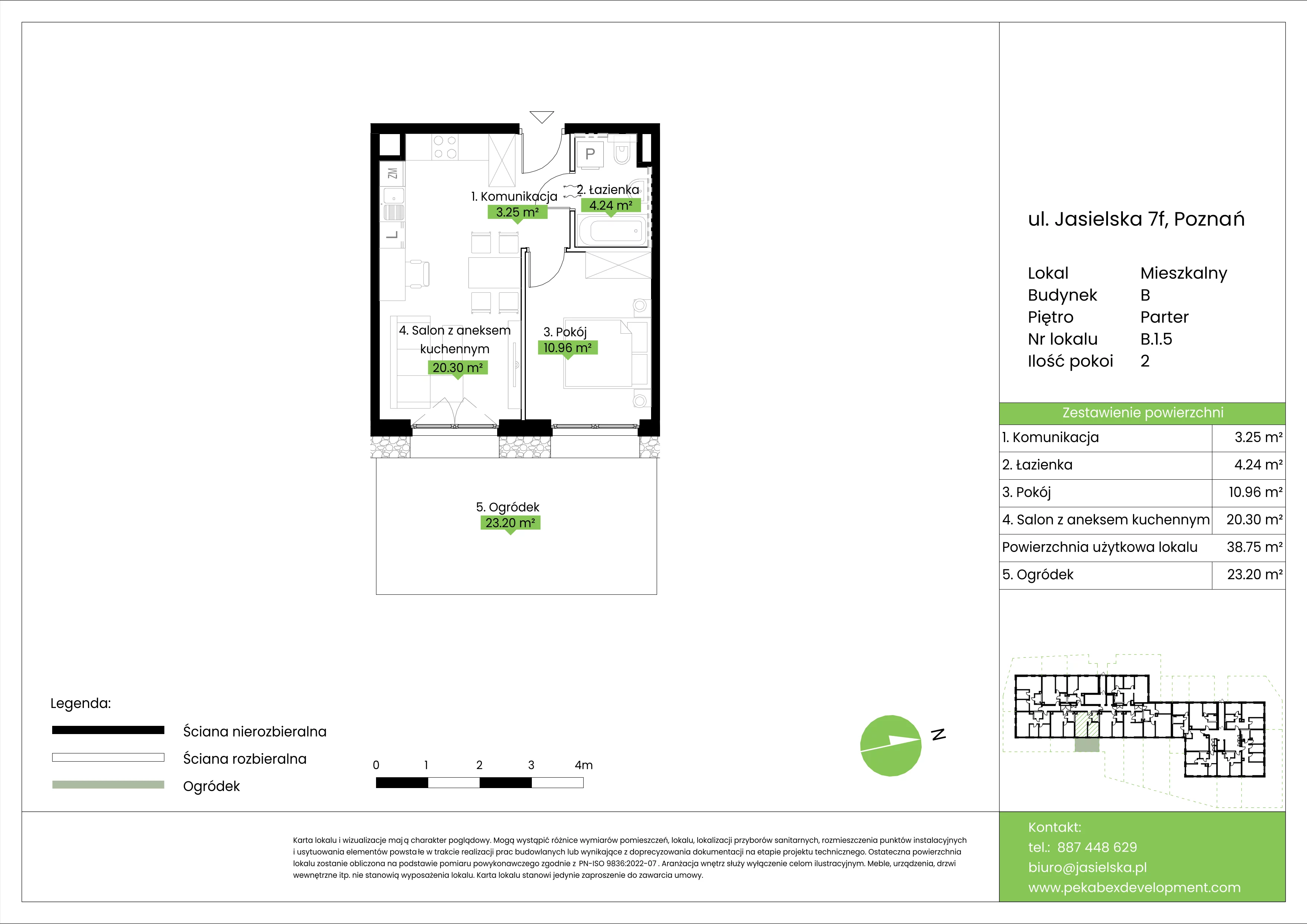 2 pokoje, mieszkanie 38,75 m², parter, oferta nr B.1.5, JA_SIELSKA etap V, Poznań, Podolany, Podolany, ul. Jasielska