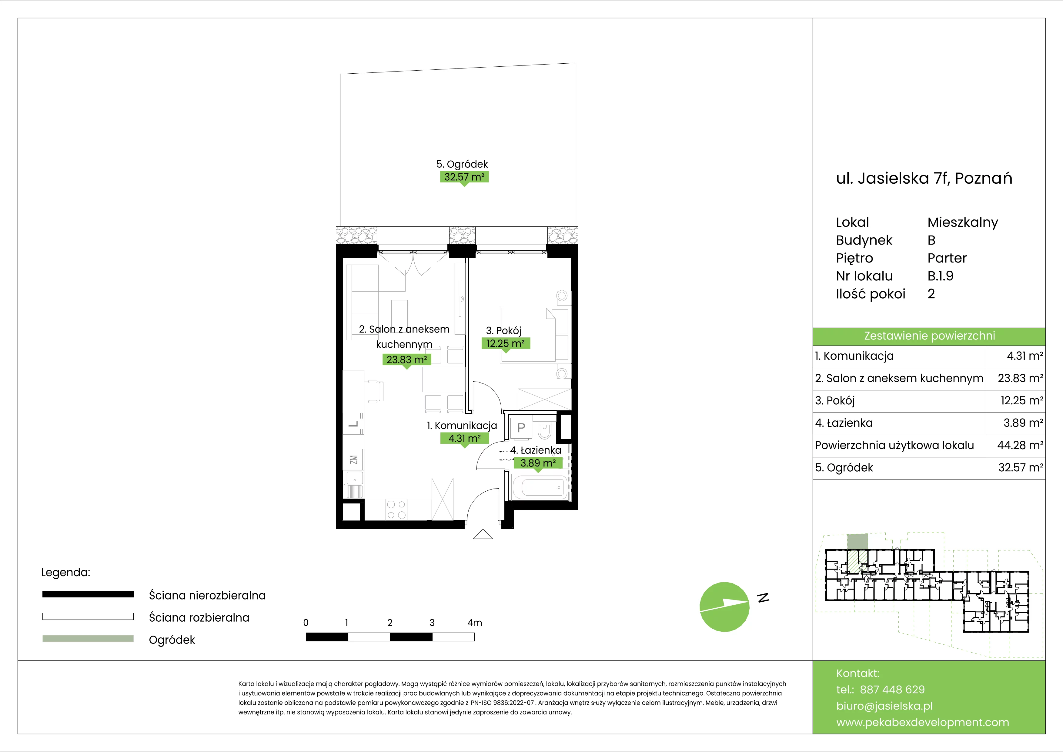 2 pokoje, mieszkanie 44,28 m², parter, oferta nr B.1.9, JA_SIELSKA etap V, Poznań, Podolany, Podolany, ul. Jasielska