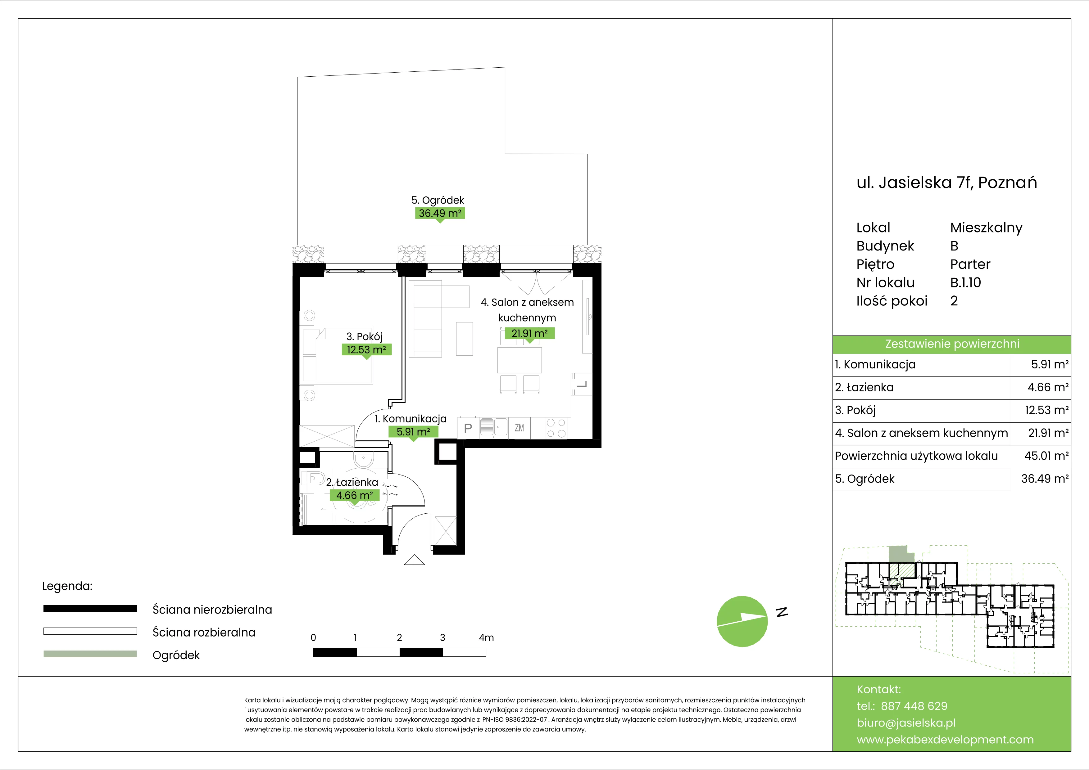 2 pokoje, mieszkanie 45,01 m², parter, oferta nr B.1.10, JA_SIELSKA etap V, Poznań, Podolany, Podolany, ul. Jasielska
