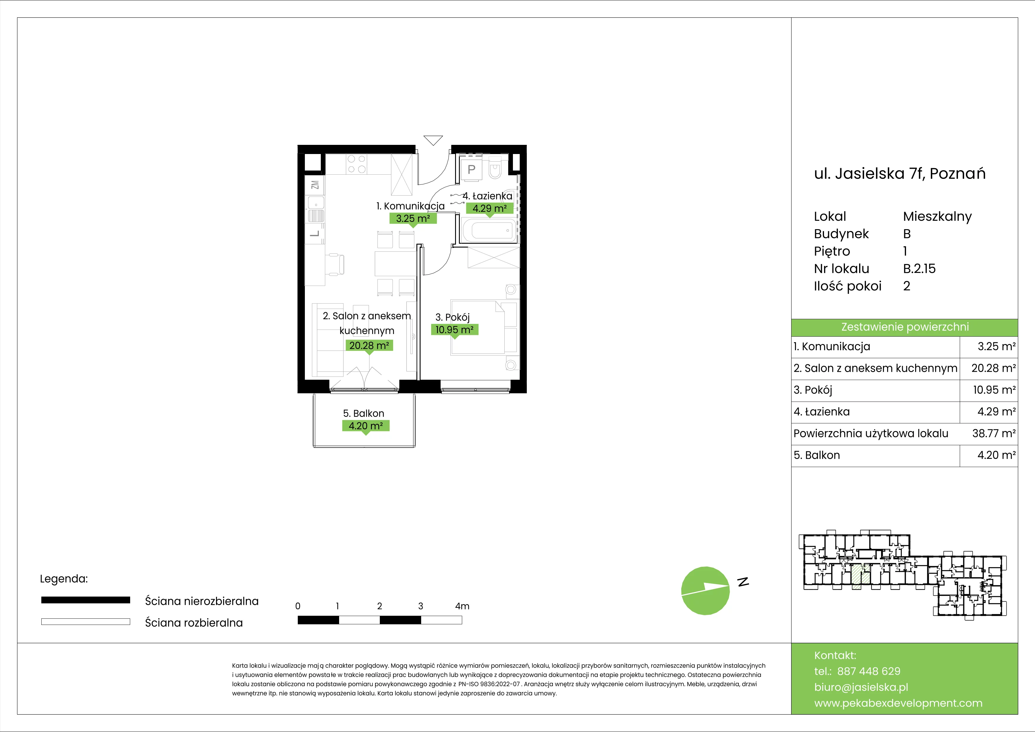 2 pokoje, mieszkanie 38,77 m², piętro 1, oferta nr B.2.15, JA_SIELSKA etap V, Poznań, Podolany, Podolany, ul. Jasielska