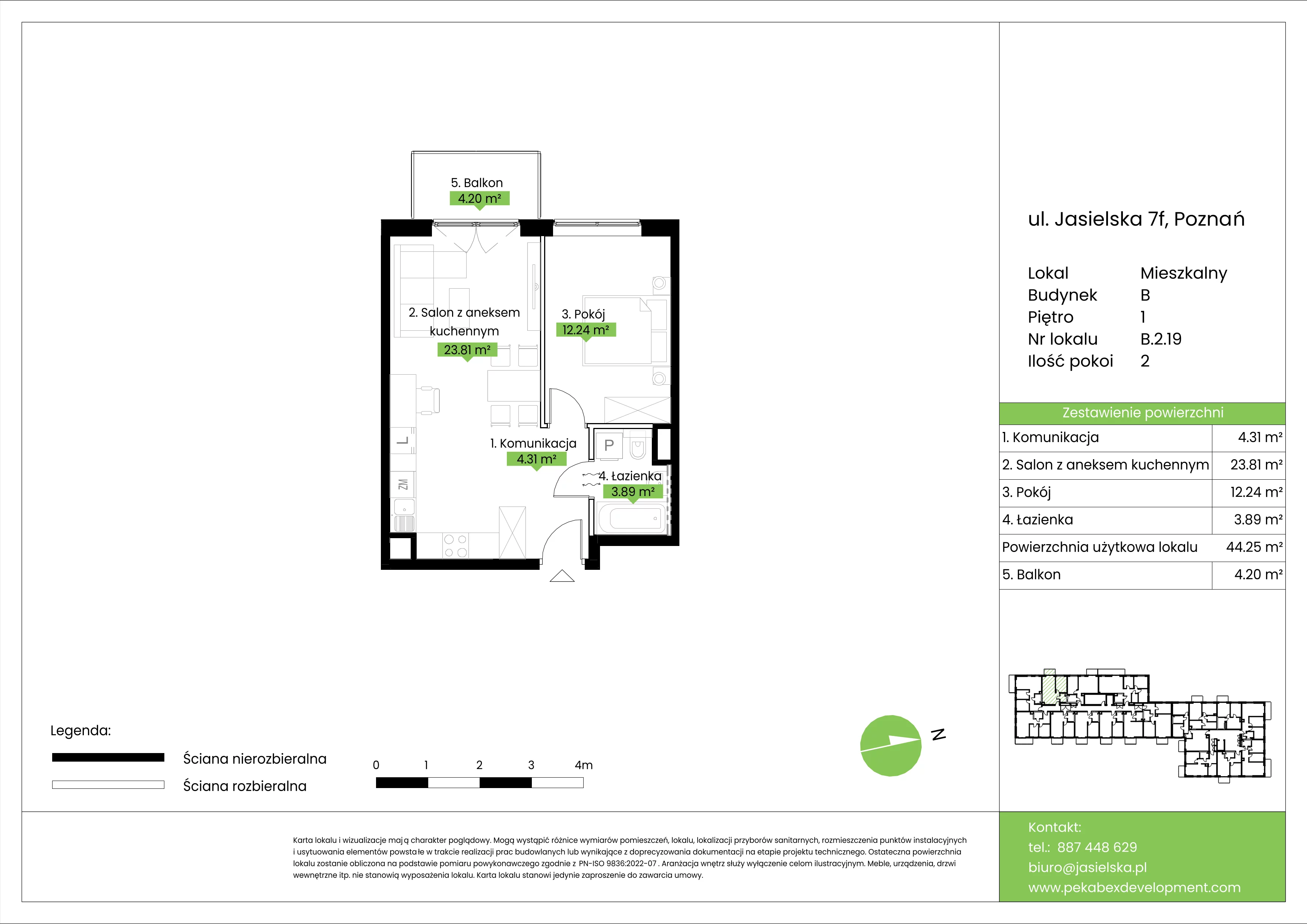2 pokoje, mieszkanie 44,25 m², piętro 1, oferta nr B.2.19, JA_SIELSKA etap V, Poznań, Podolany, Podolany, ul. Jasielska