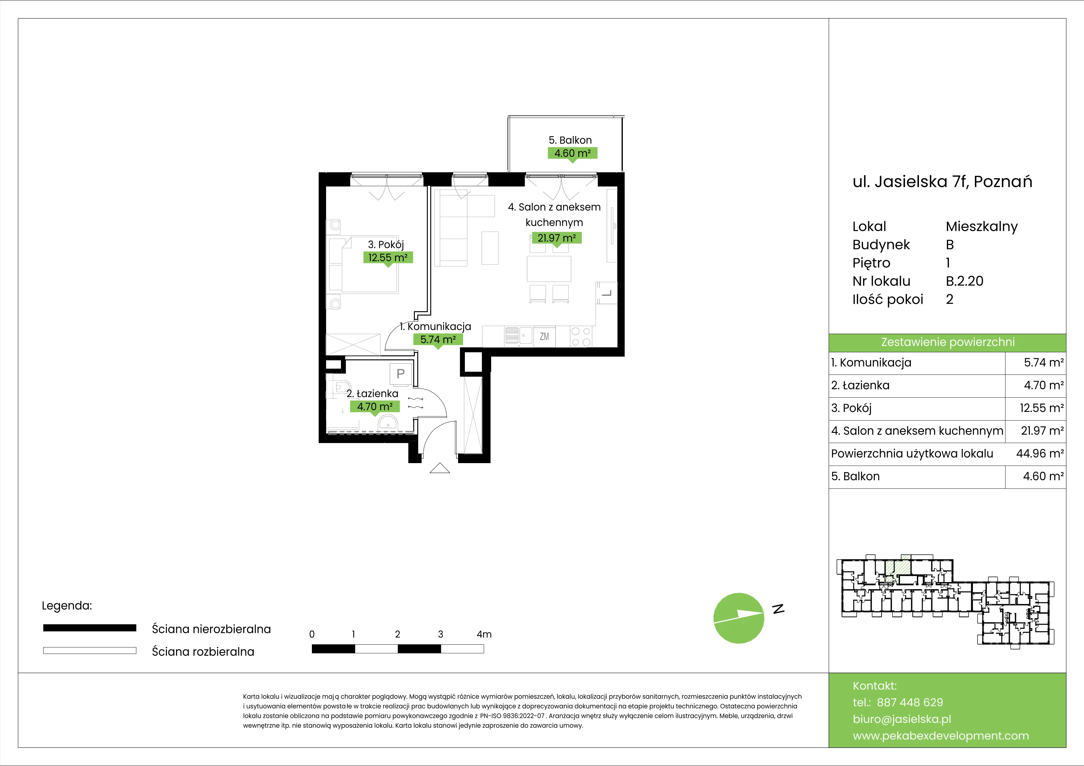 2 pokoje, mieszkanie 44,96 m², piętro 1, oferta nr B.2.20, JA_SIELSKA etap V, Poznań, Podolany, Podolany, ul. Jasielska