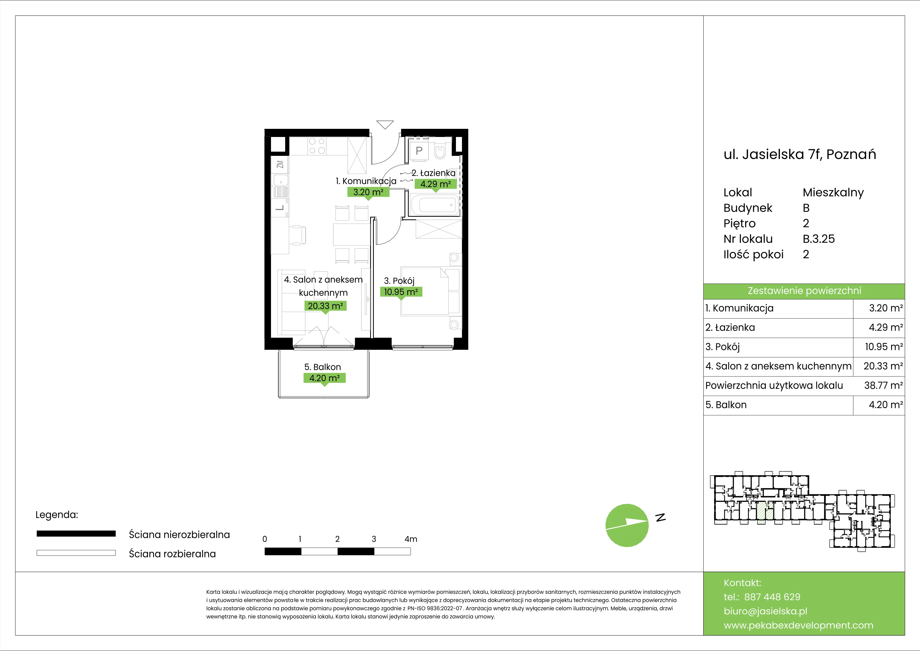 2 pokoje, mieszkanie 38,77 m², piętro 2, oferta nr B.3.25, JA_SIELSKA etap V, Poznań, Podolany, Podolany, ul. Jasielska