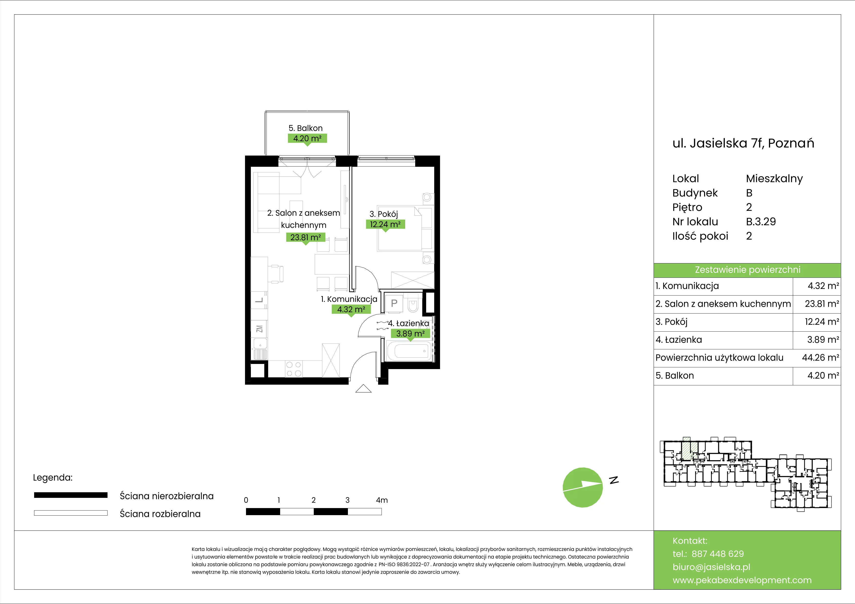 2 pokoje, mieszkanie 44,26 m², piętro 2, oferta nr B.3.29, JA_SIELSKA etap V, Poznań, Podolany, Podolany, ul. Jasielska