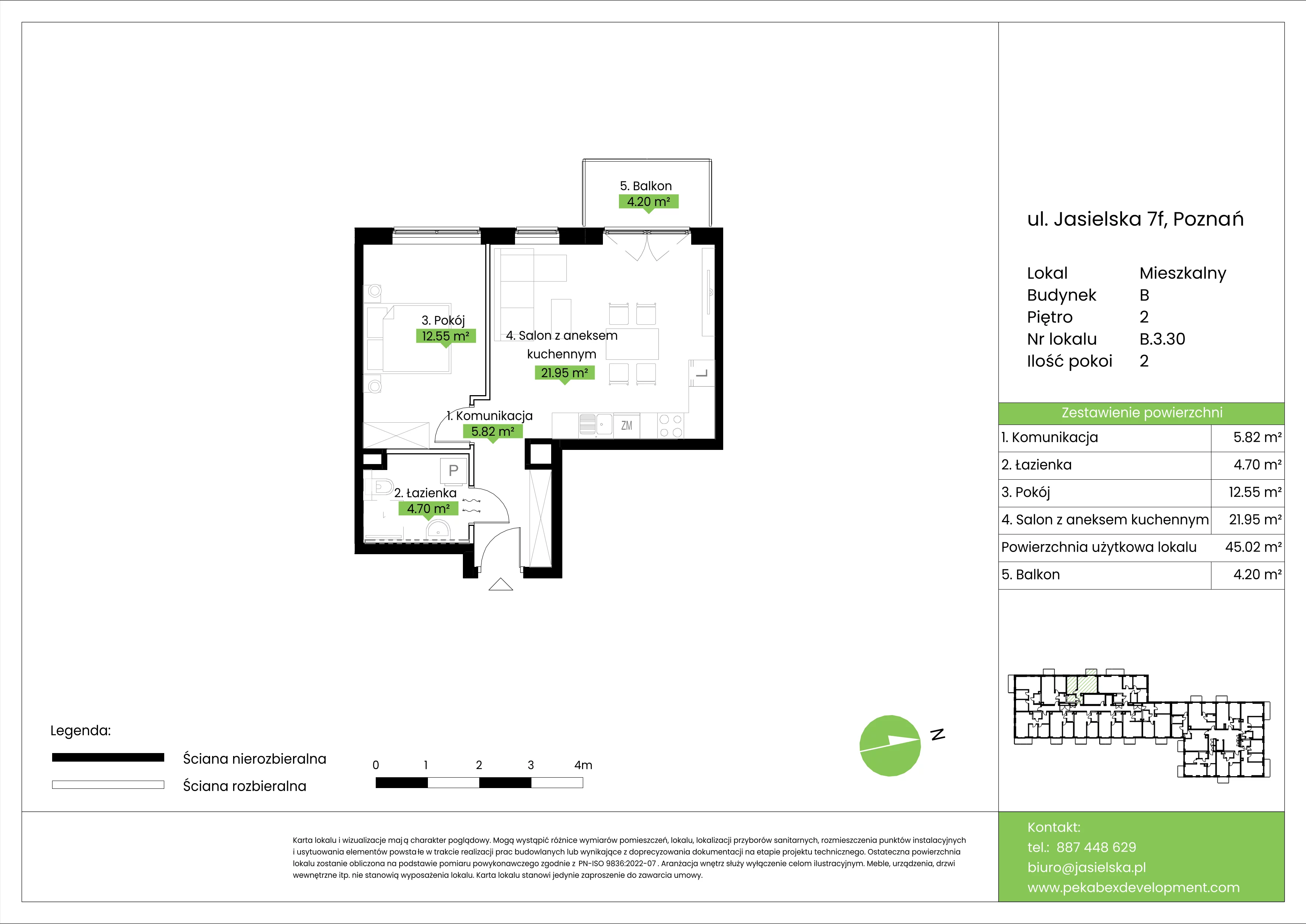 2 pokoje, mieszkanie 45,02 m², piętro 2, oferta nr B.3.30, JA_SIELSKA etap V, Poznań, Podolany, Podolany, ul. Jasielska