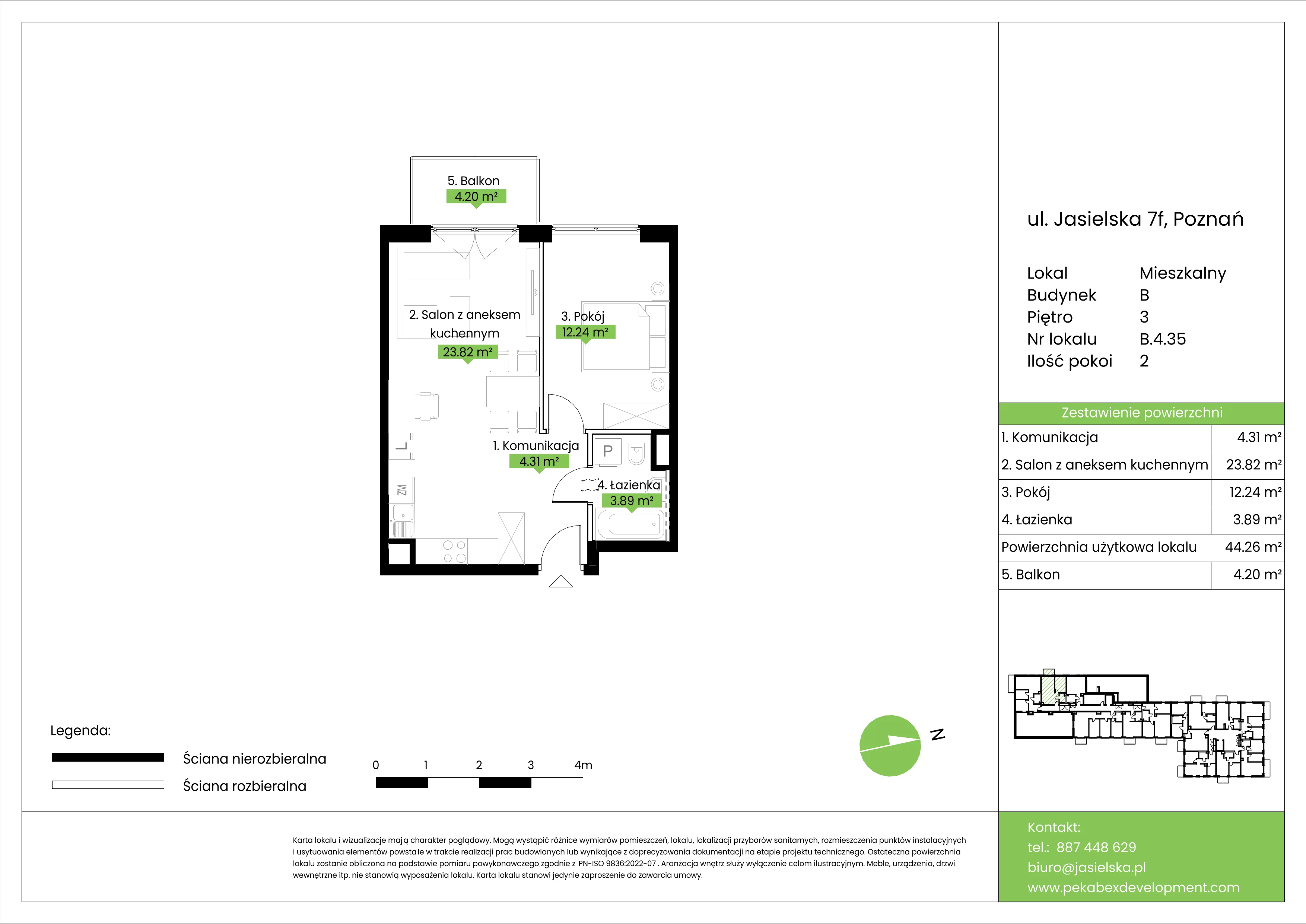 2 pokoje, mieszkanie 44,26 m², piętro 3, oferta nr B.4.35, JA_SIELSKA etap V, Poznań, Podolany, Podolany, ul. Jasielska