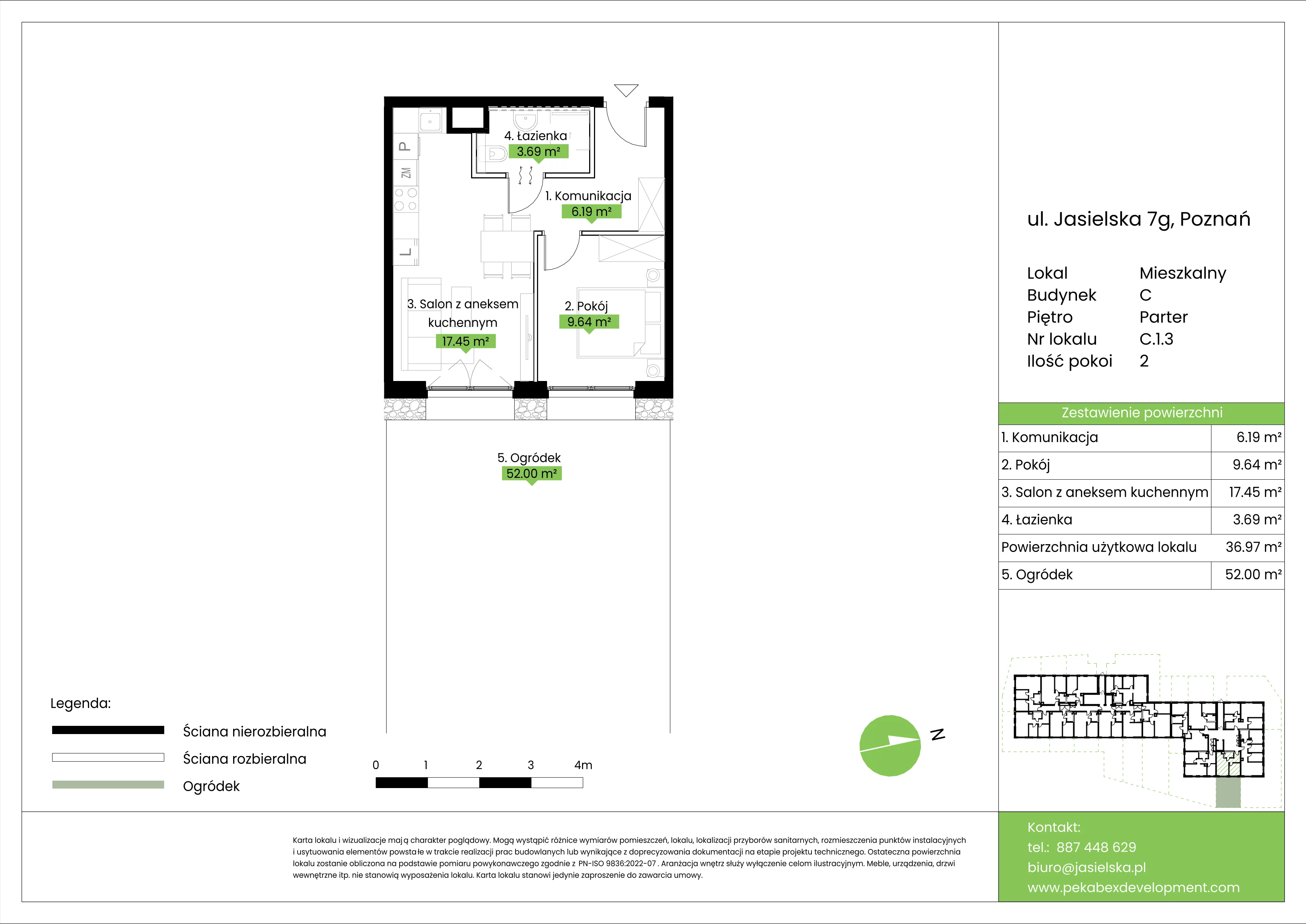 2 pokoje, mieszkanie 36,97 m², parter, oferta nr C.1.3, JA_SIELSKA etap V, Poznań, Podolany, Podolany, ul. Jasielska