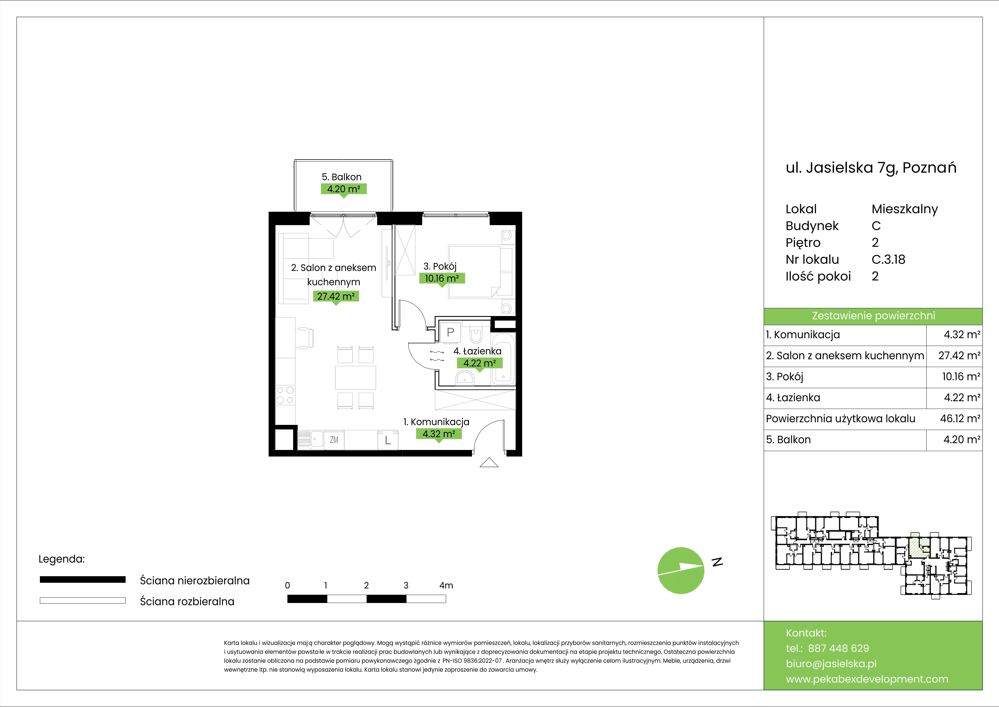 2 pokoje, mieszkanie 46,12 m², piętro 2, oferta nr C.3.18, JA_SIELSKA etap V, Poznań, Podolany, Podolany, ul. Jasielska