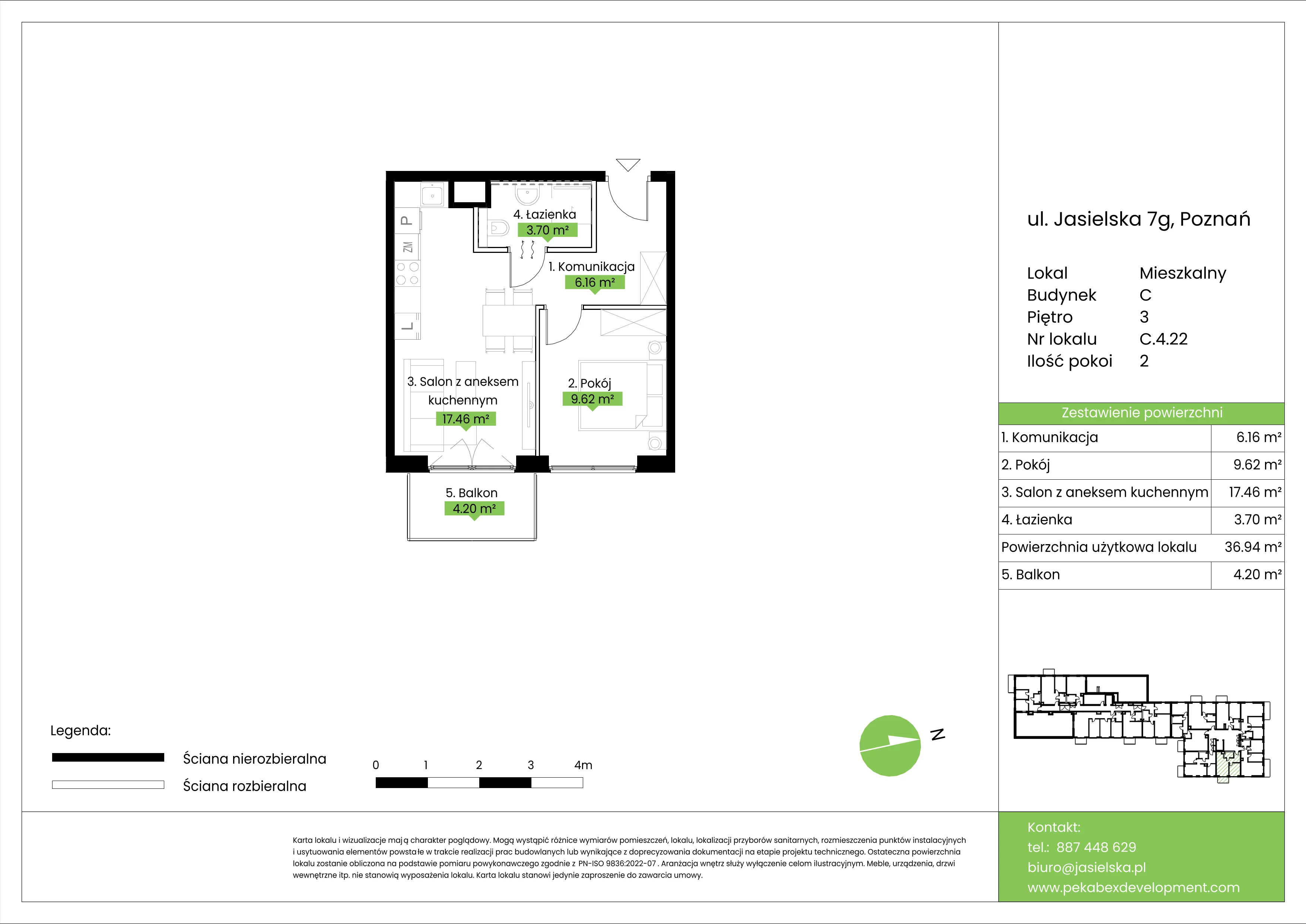 2 pokoje, mieszkanie 36,94 m², piętro 3, oferta nr C.4.22, JA_SIELSKA etap V, Poznań, Podolany, Podolany, ul. Jasielska