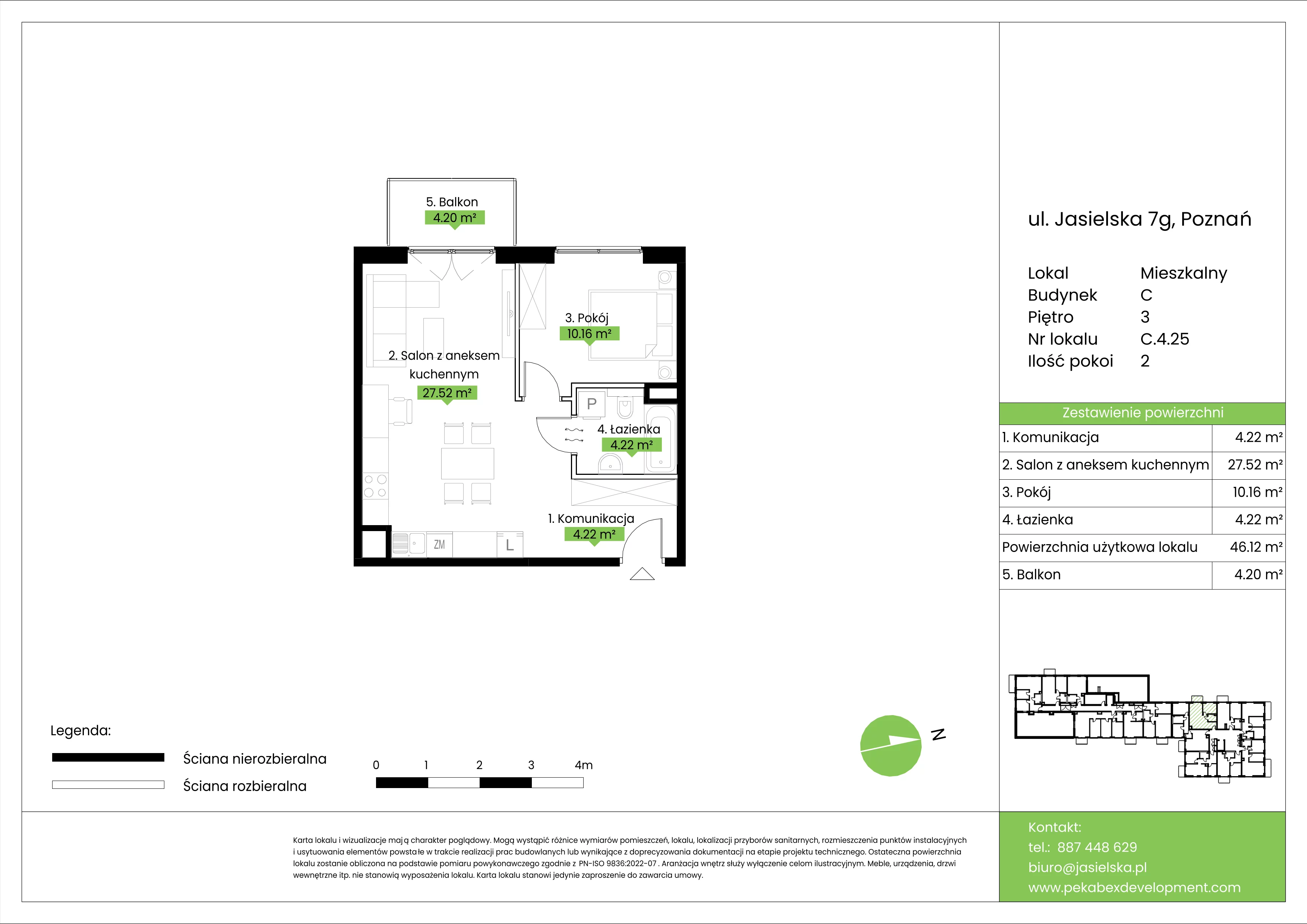 2 pokoje, mieszkanie 46,12 m², piętro 3, oferta nr C.4.25, JA_SIELSKA etap V, Poznań, Podolany, Podolany, ul. Jasielska