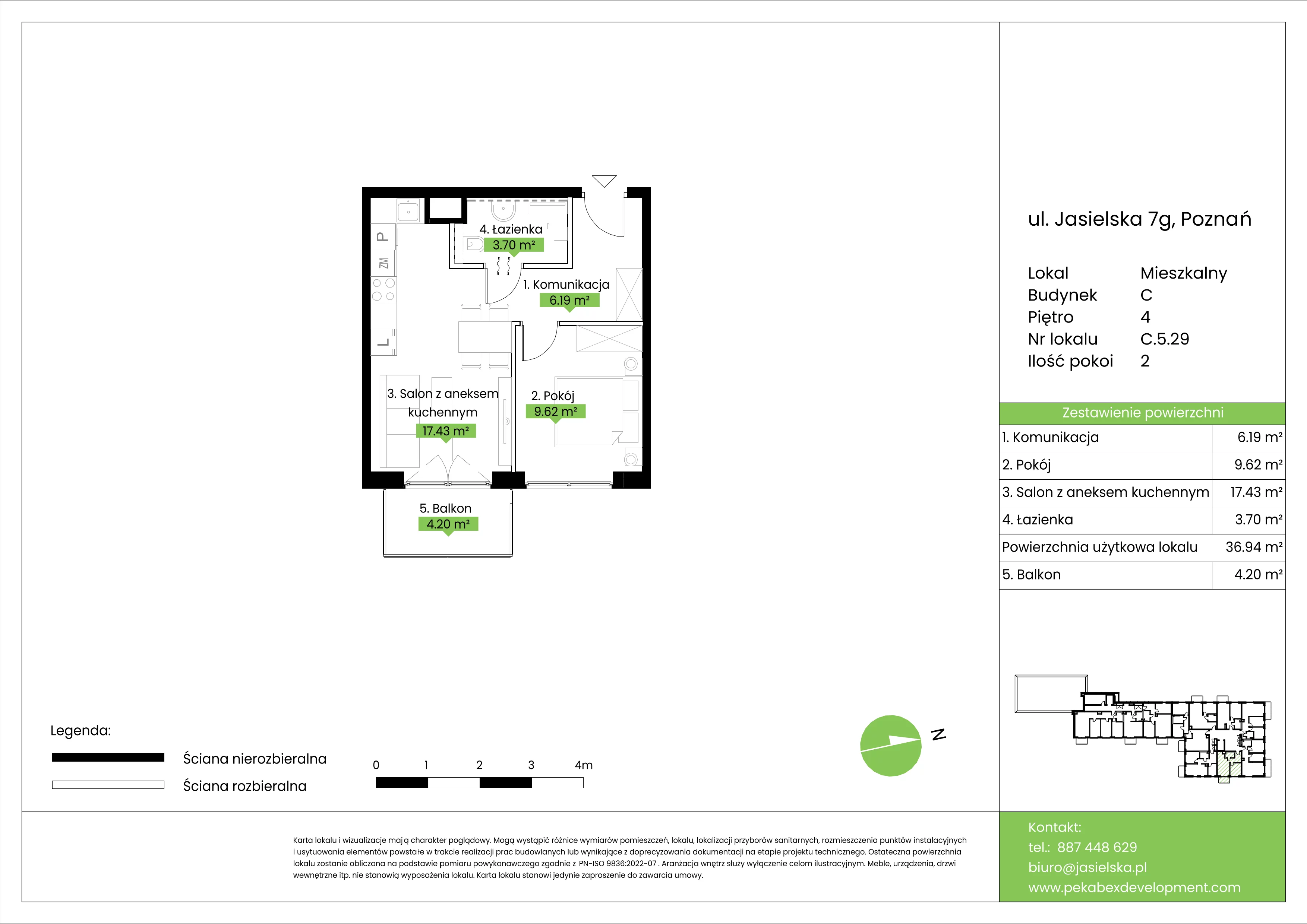 2 pokoje, mieszkanie 36,94 m², piętro 4, oferta nr C.5.29, JA_SIELSKA etap V, Poznań, Podolany, Podolany, ul. Jasielska