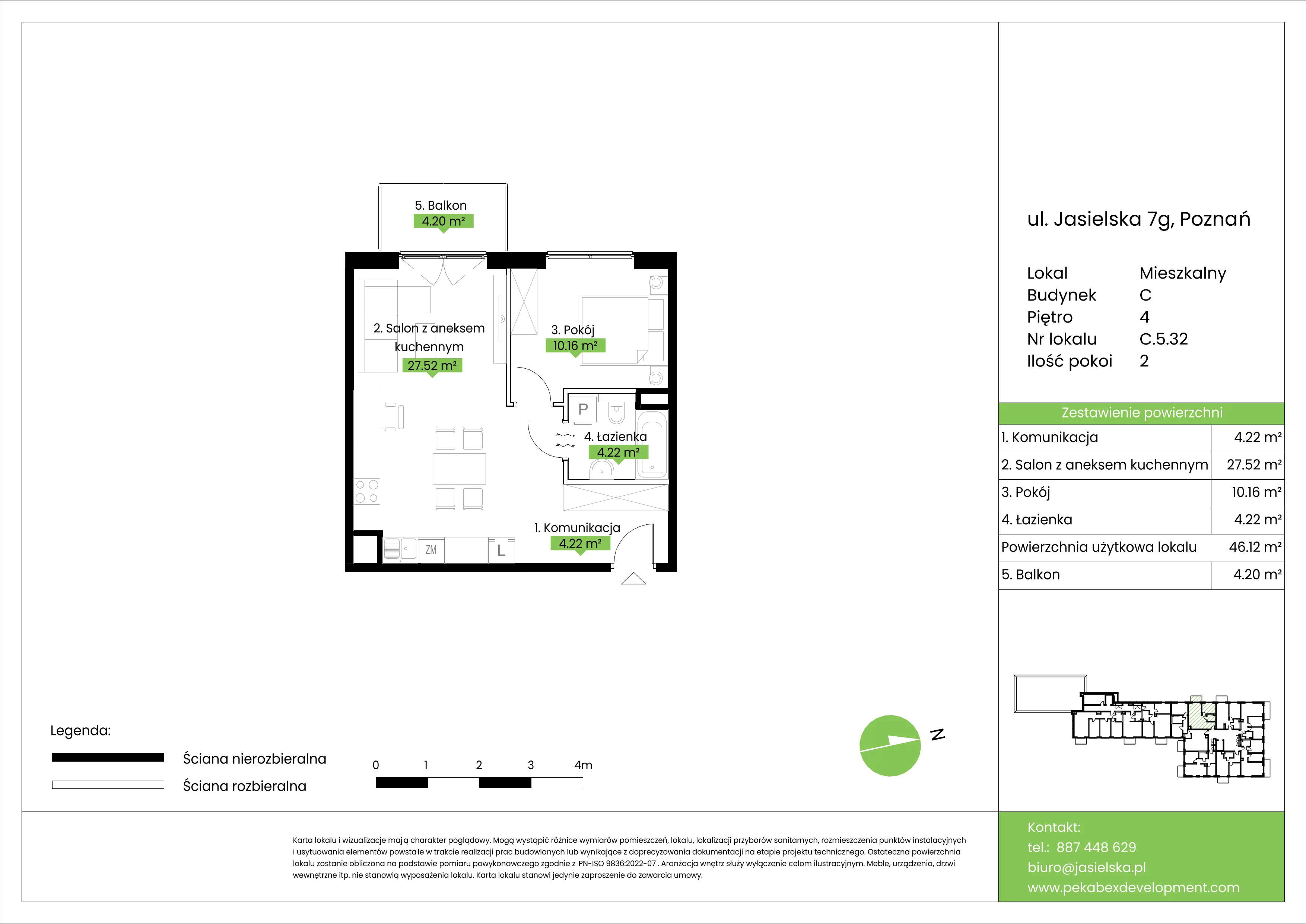 2 pokoje, mieszkanie 46,12 m², piętro 4, oferta nr C.5.32, JA_SIELSKA etap V, Poznań, Podolany, Podolany, ul. Jasielska