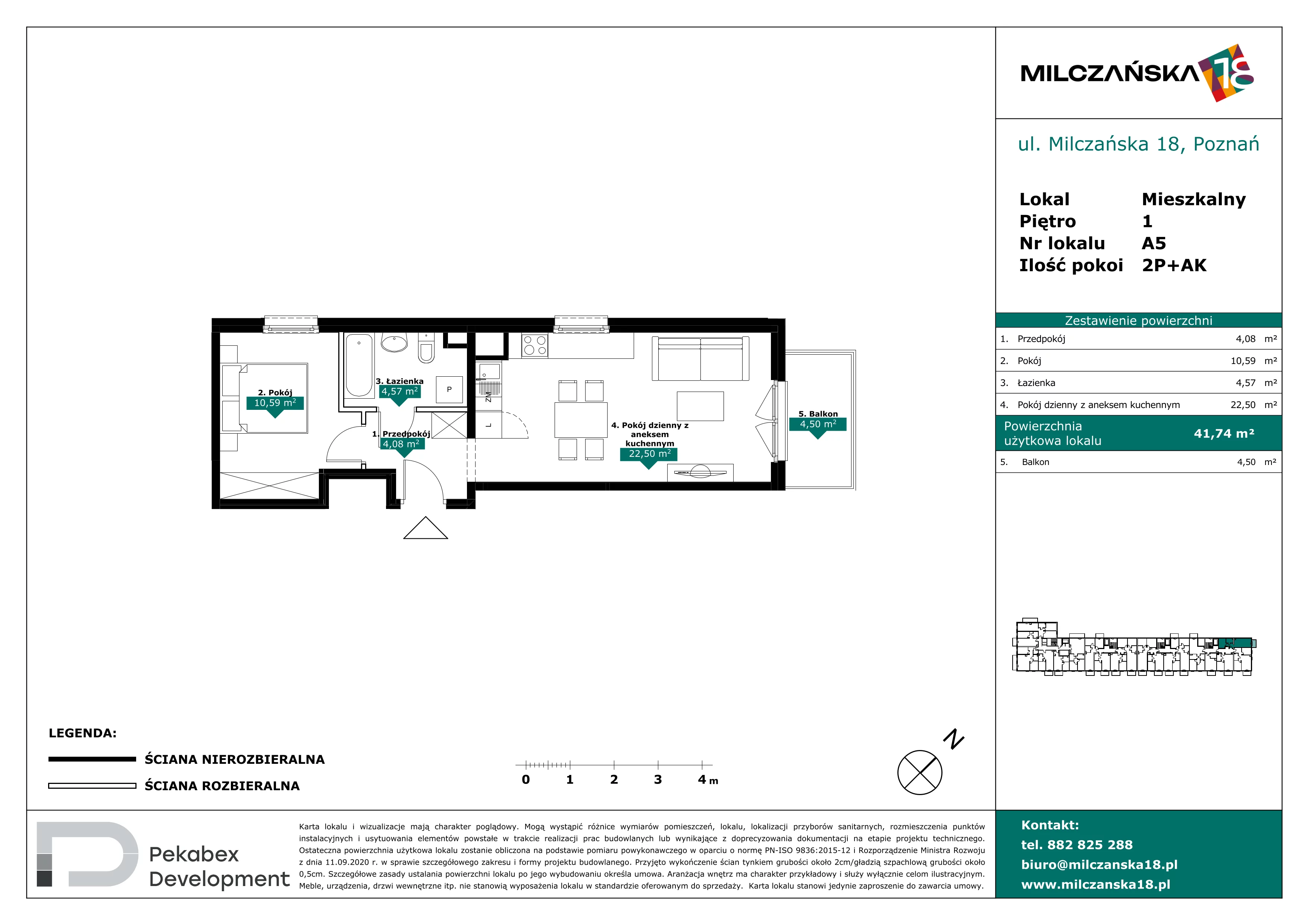 2 pokoje, mieszkanie 41,74 m², piętro 1, oferta nr A5, Milczańska 18, Poznań, Rataje, Łacina, ul. Milczańska 18
