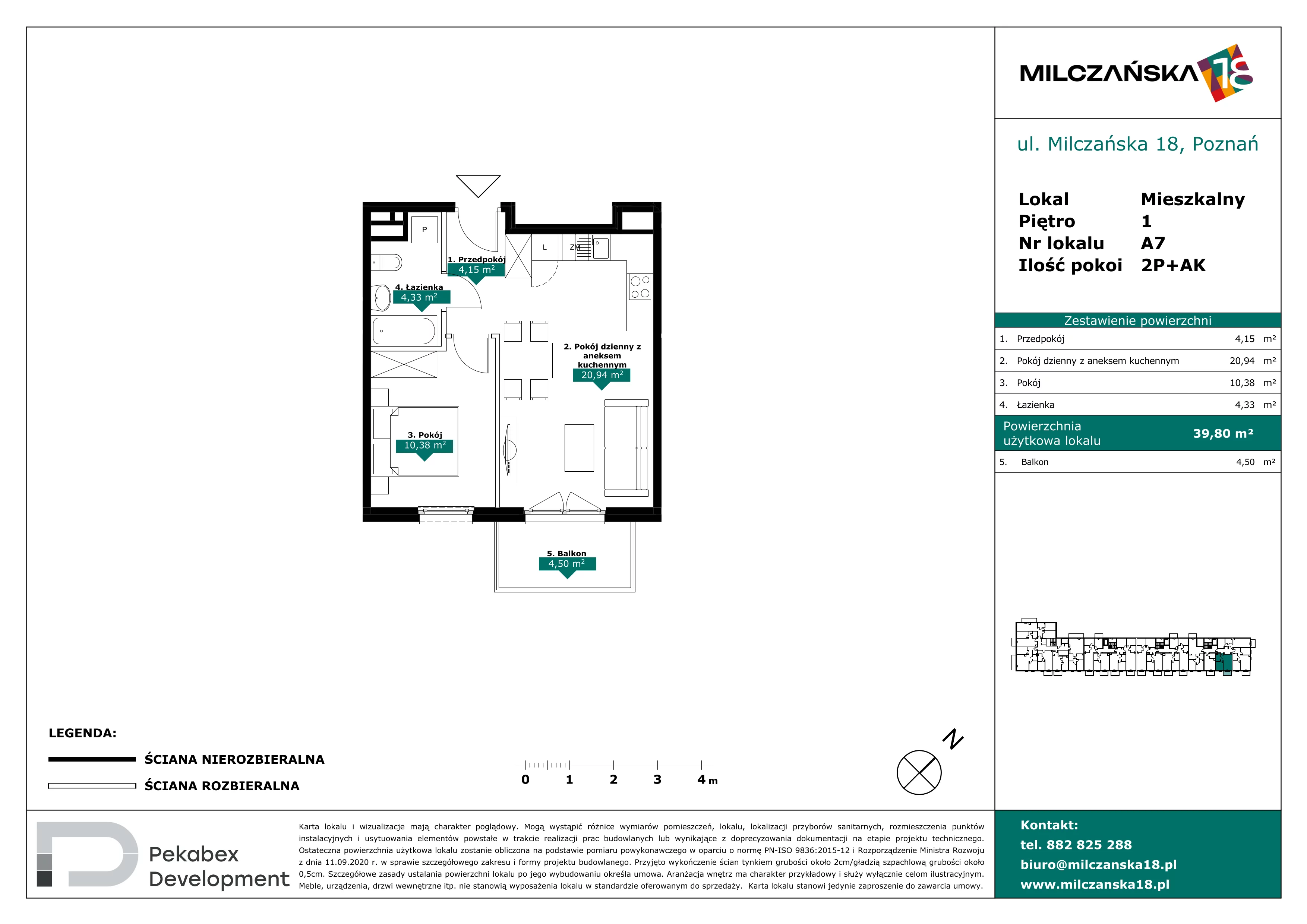 2 pokoje, mieszkanie 39,80 m², piętro 1, oferta nr A7, Milczańska 18, Poznań, Rataje, Łacina, ul. Milczańska 18