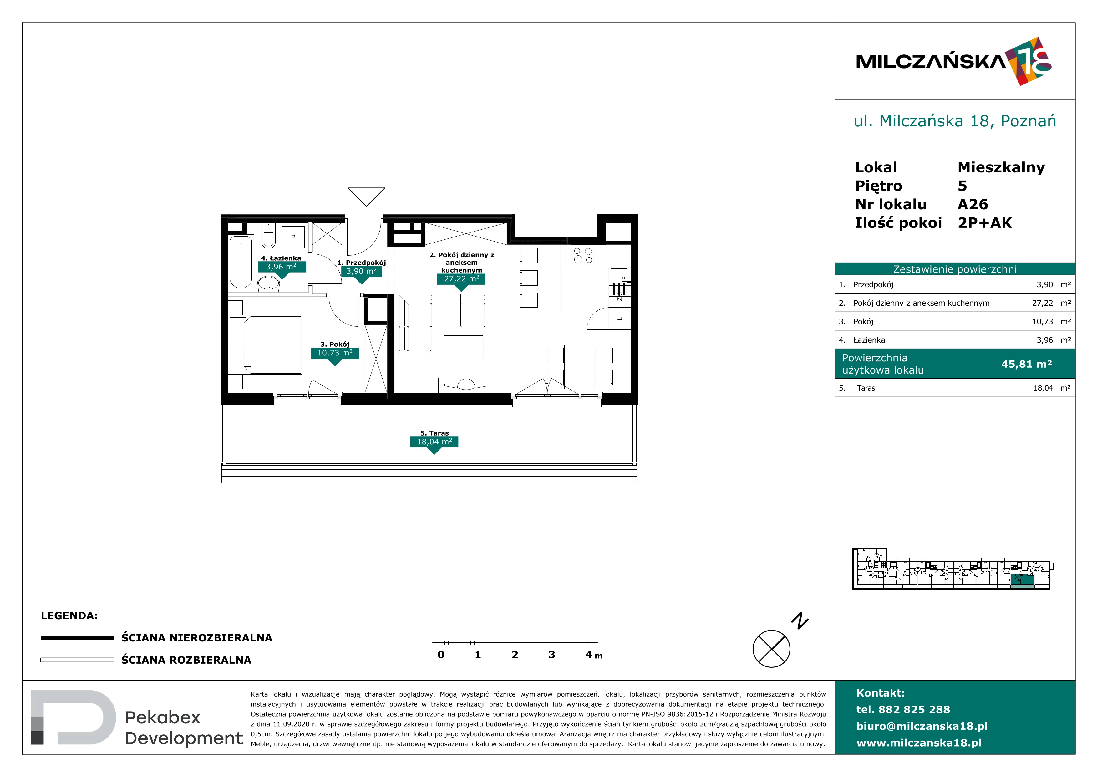 2 pokoje, mieszkanie 45,81 m², piętro 5, oferta nr A26, Milczańska 18, Poznań, Rataje, Łacina, ul. Milczańska 18