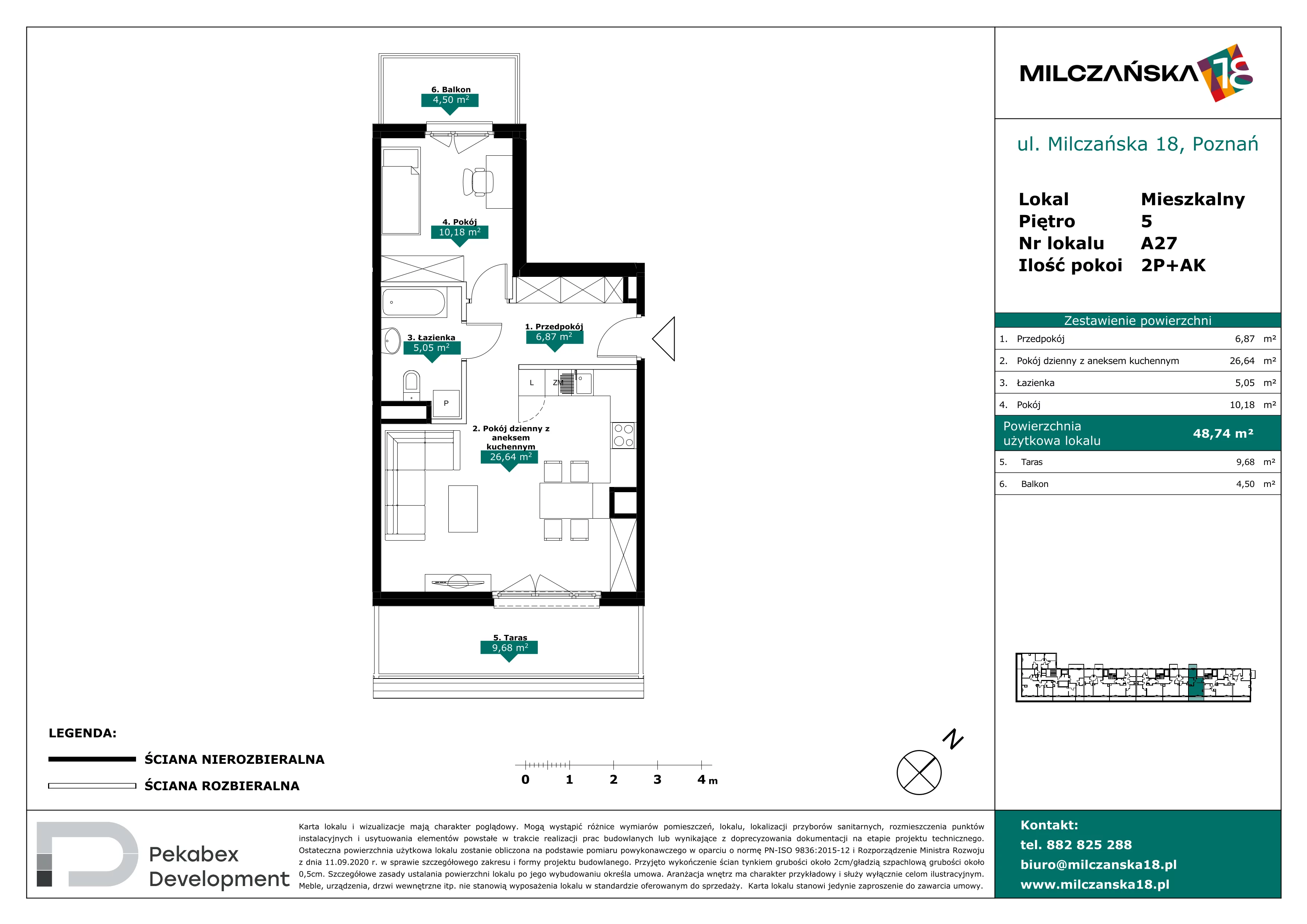 2 pokoje, mieszkanie 48,74 m², piętro 5, oferta nr A27, Milczańska 18, Poznań, Rataje, Łacina, ul. Milczańska 18