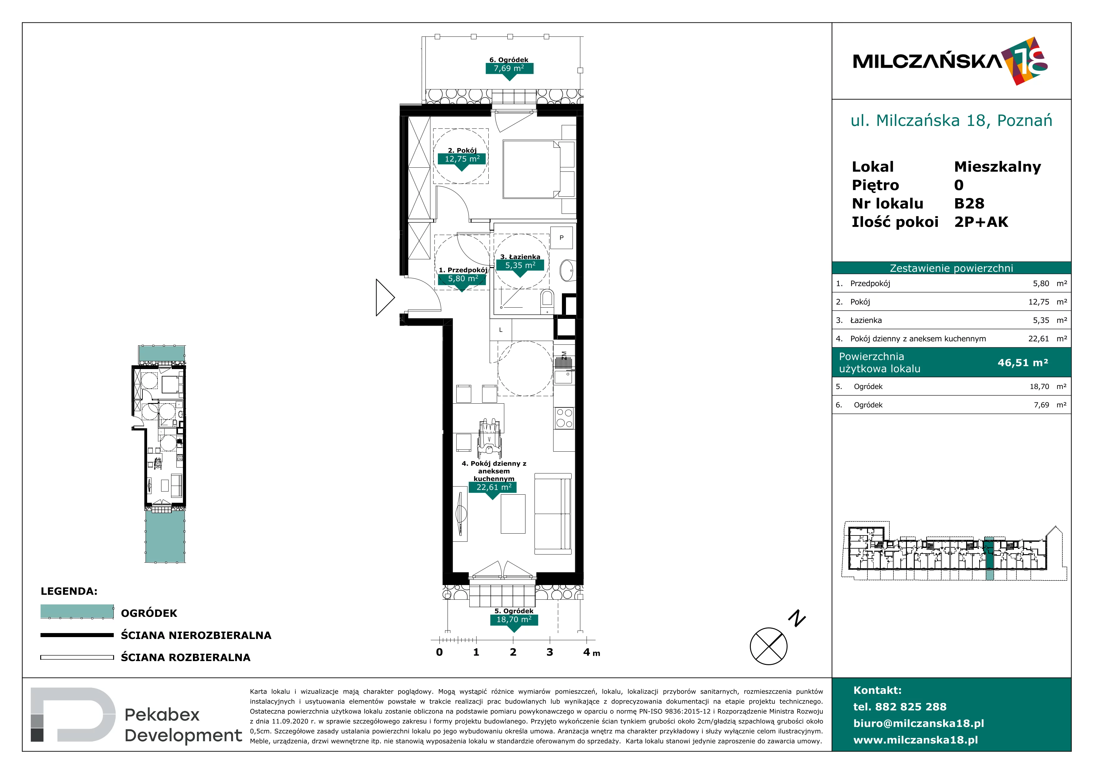2 pokoje, mieszkanie 46,51 m², parter, oferta nr B28, Milczańska 18, Poznań, Rataje, Łacina, ul. Milczańska 18