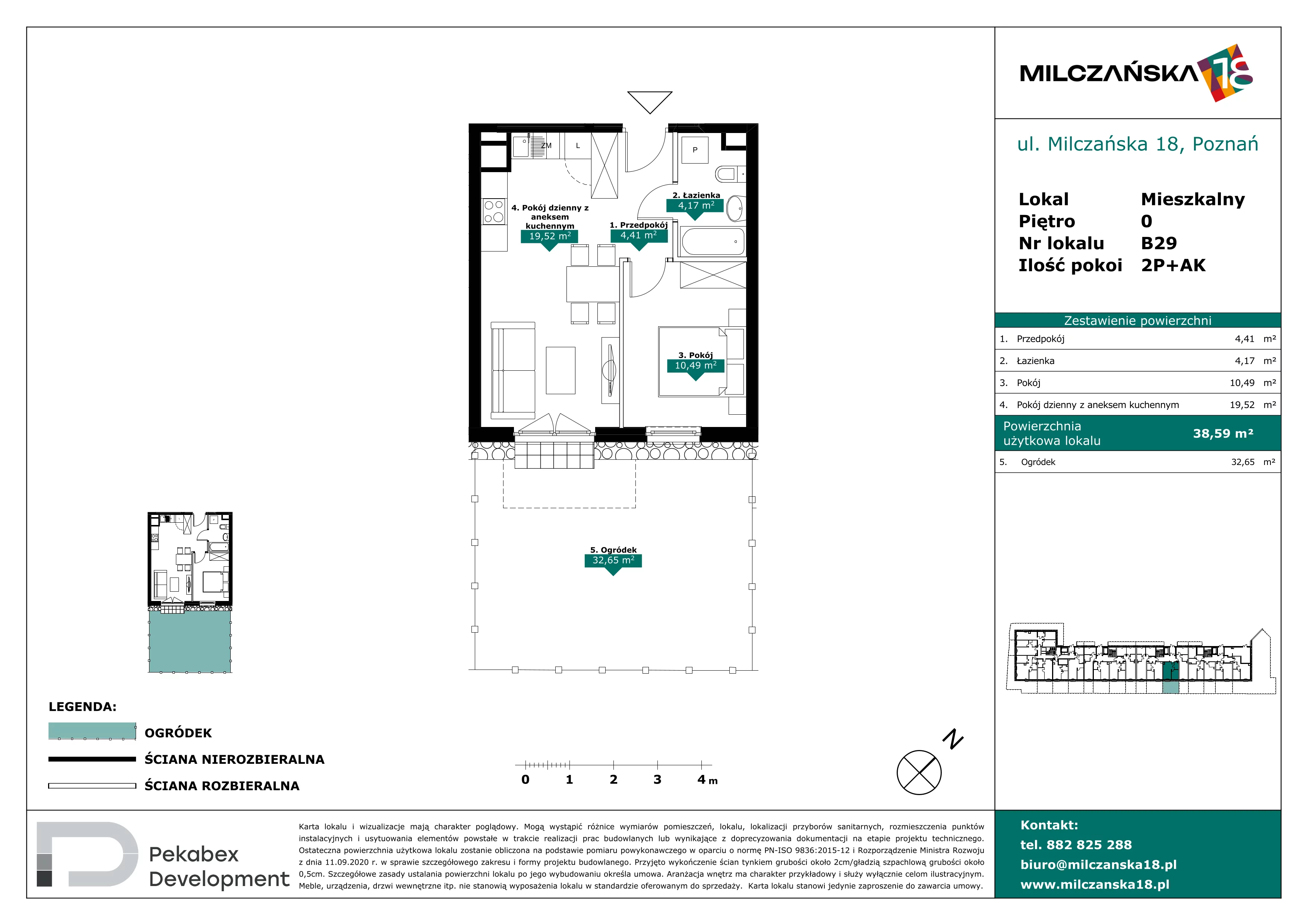 2 pokoje, mieszkanie 38,59 m², parter, oferta nr B29, Milczańska 18, Poznań, Rataje, Łacina, ul. Milczańska 18