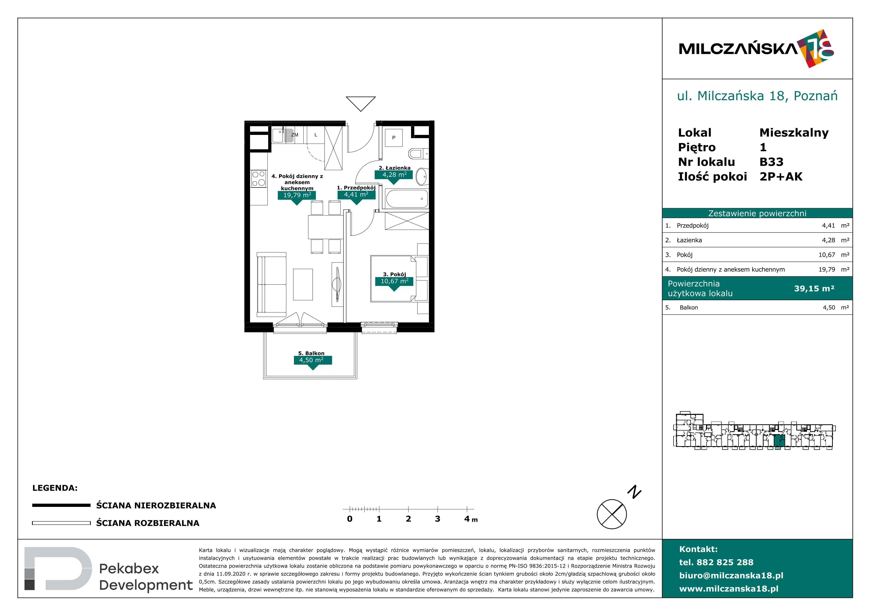 2 pokoje, mieszkanie 39,15 m², piętro 1, oferta nr B33, Milczańska 18, Poznań, Rataje, Łacina, ul. Milczańska 18