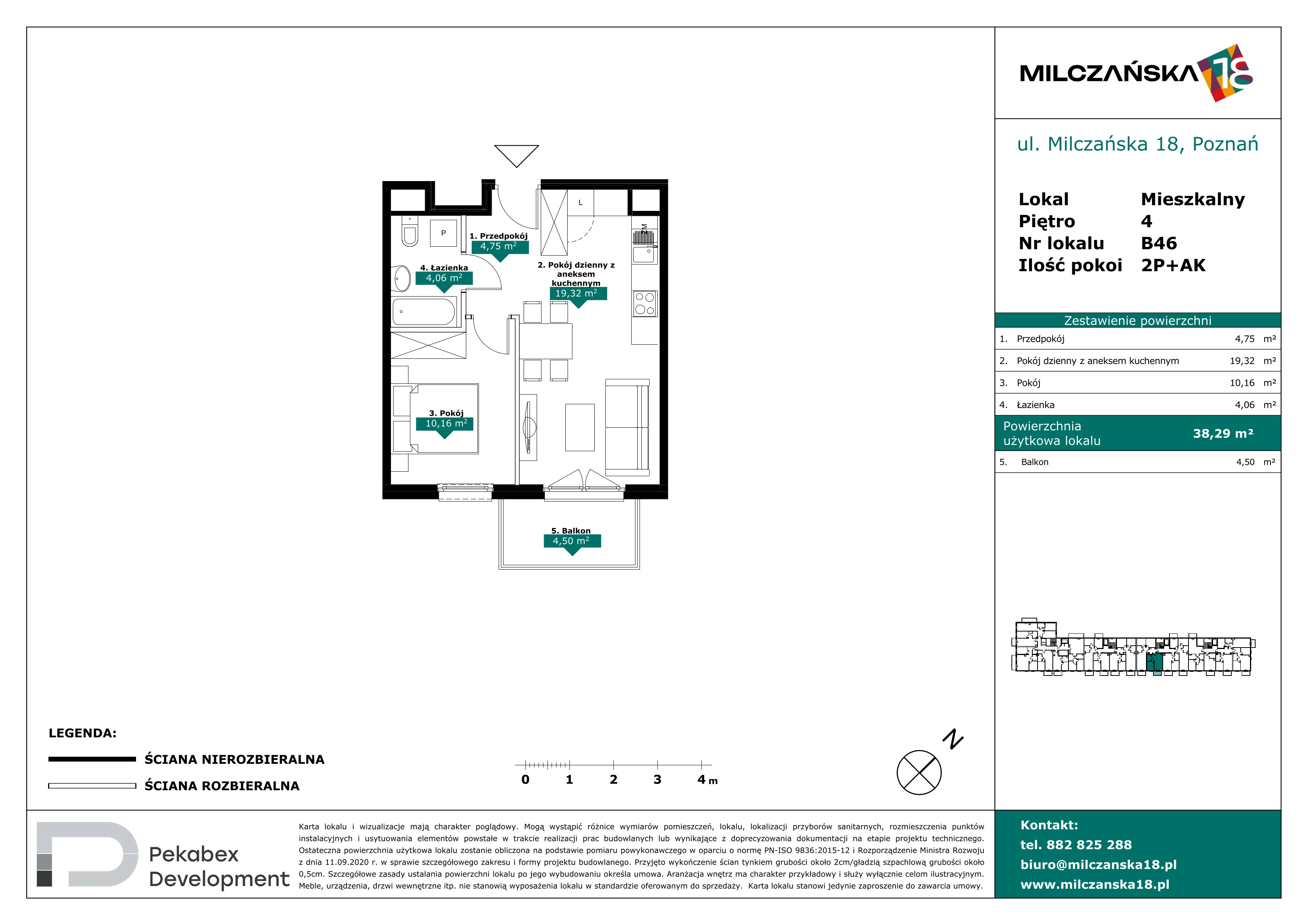 2 pokoje, mieszkanie 38,29 m², piętro 4, oferta nr B46, Milczańska 18, Poznań, Rataje, Łacina, ul. Milczańska 18