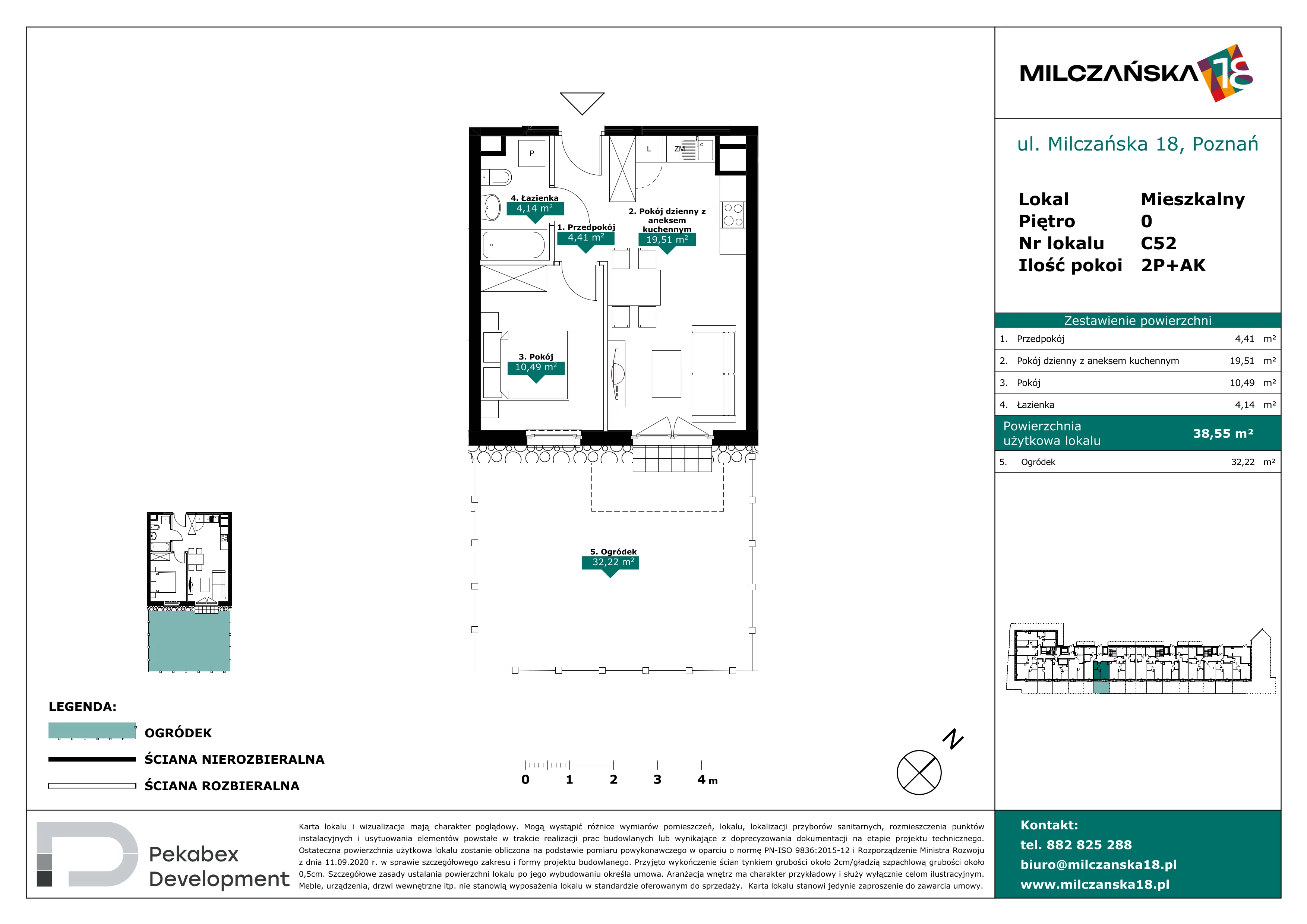 2 pokoje, mieszkanie 38,55 m², parter, oferta nr C52, Milczańska 18, Poznań, Rataje, Łacina, ul. Milczańska 18