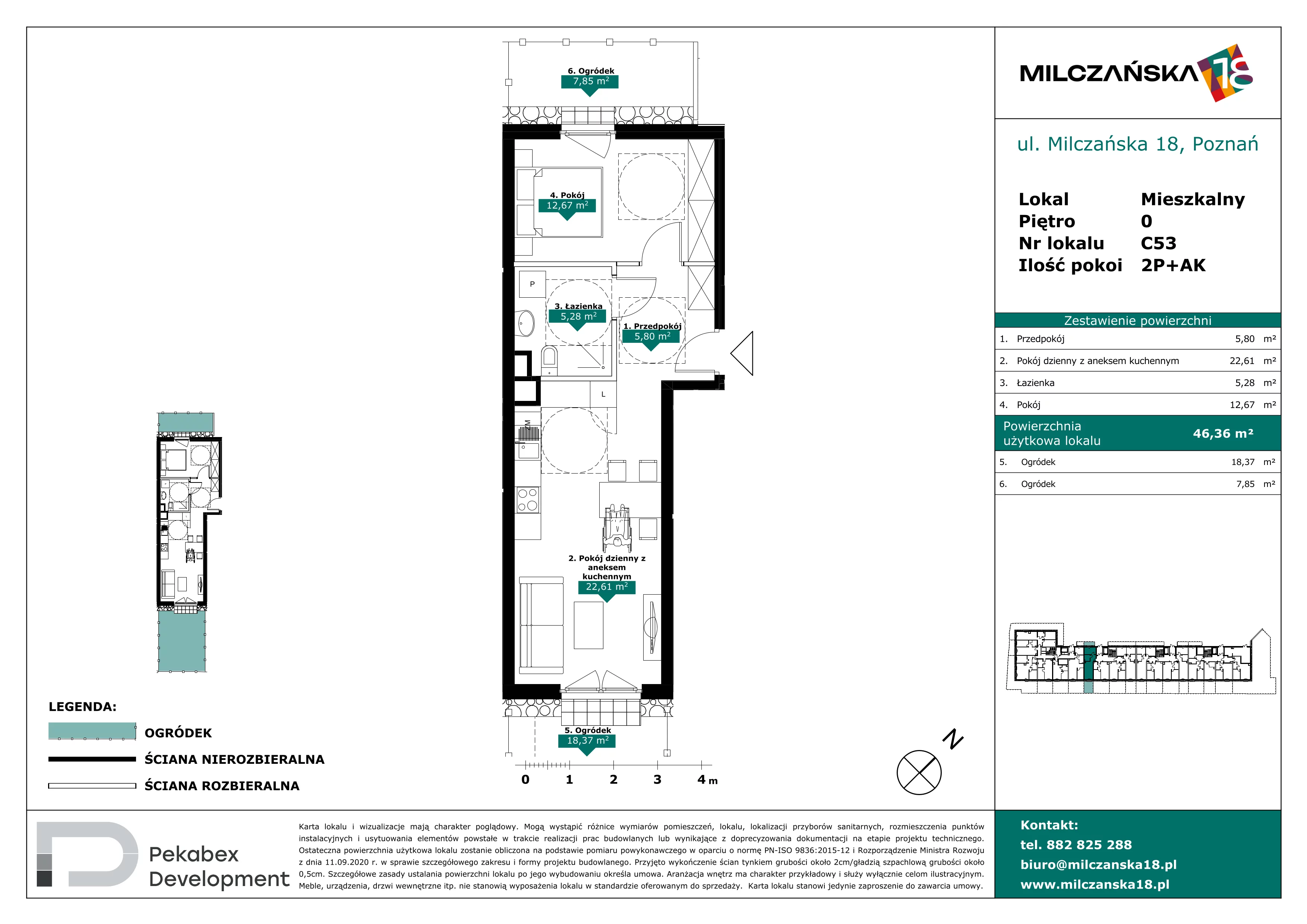 2 pokoje, mieszkanie 46,36 m², parter, oferta nr C53, Milczańska 18, Poznań, Rataje, Łacina, ul. Milczańska 18