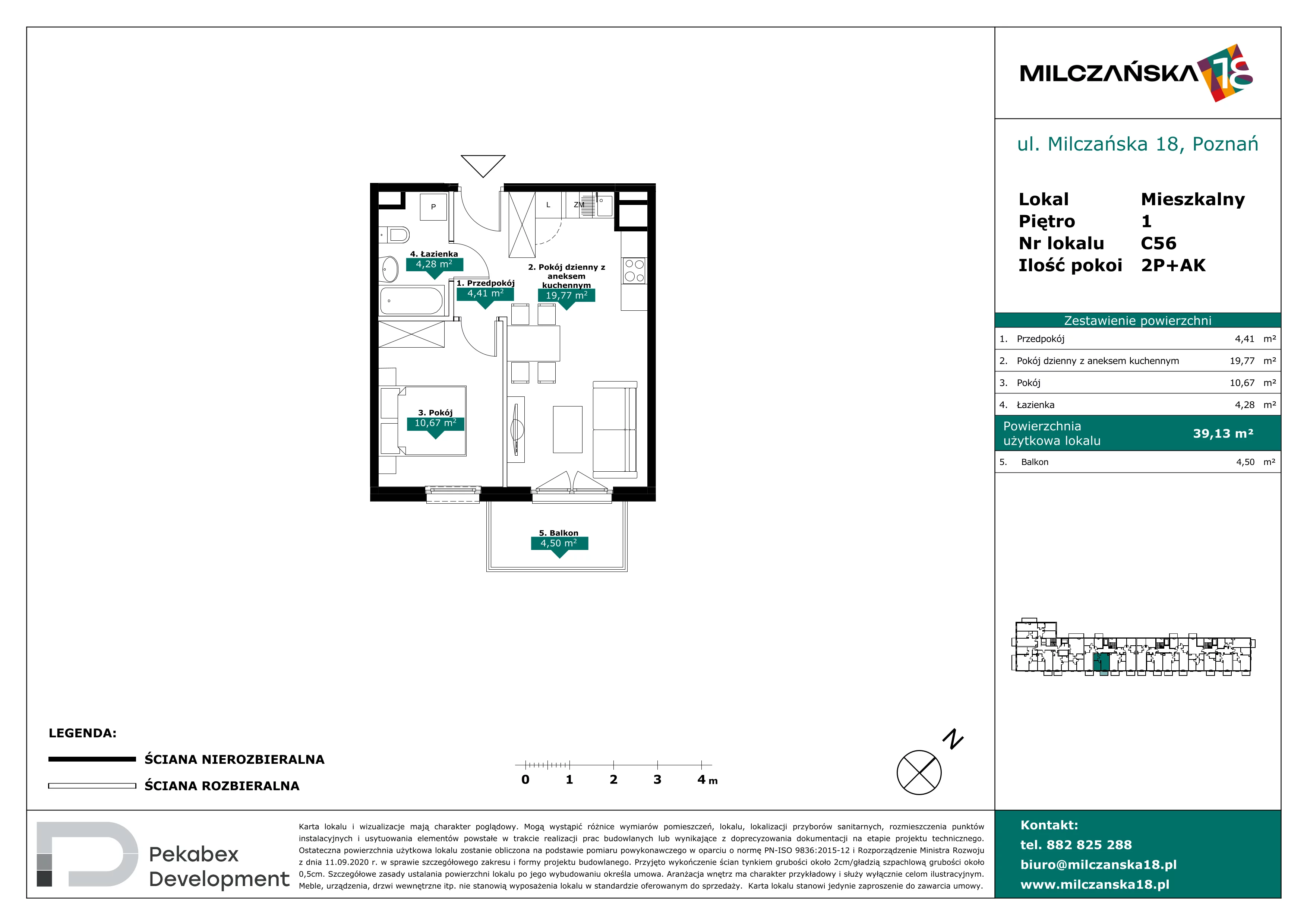 2 pokoje, mieszkanie 39,13 m², piętro 1, oferta nr C56, Milczańska 18, Poznań, Rataje, Łacina, ul. Milczańska 18