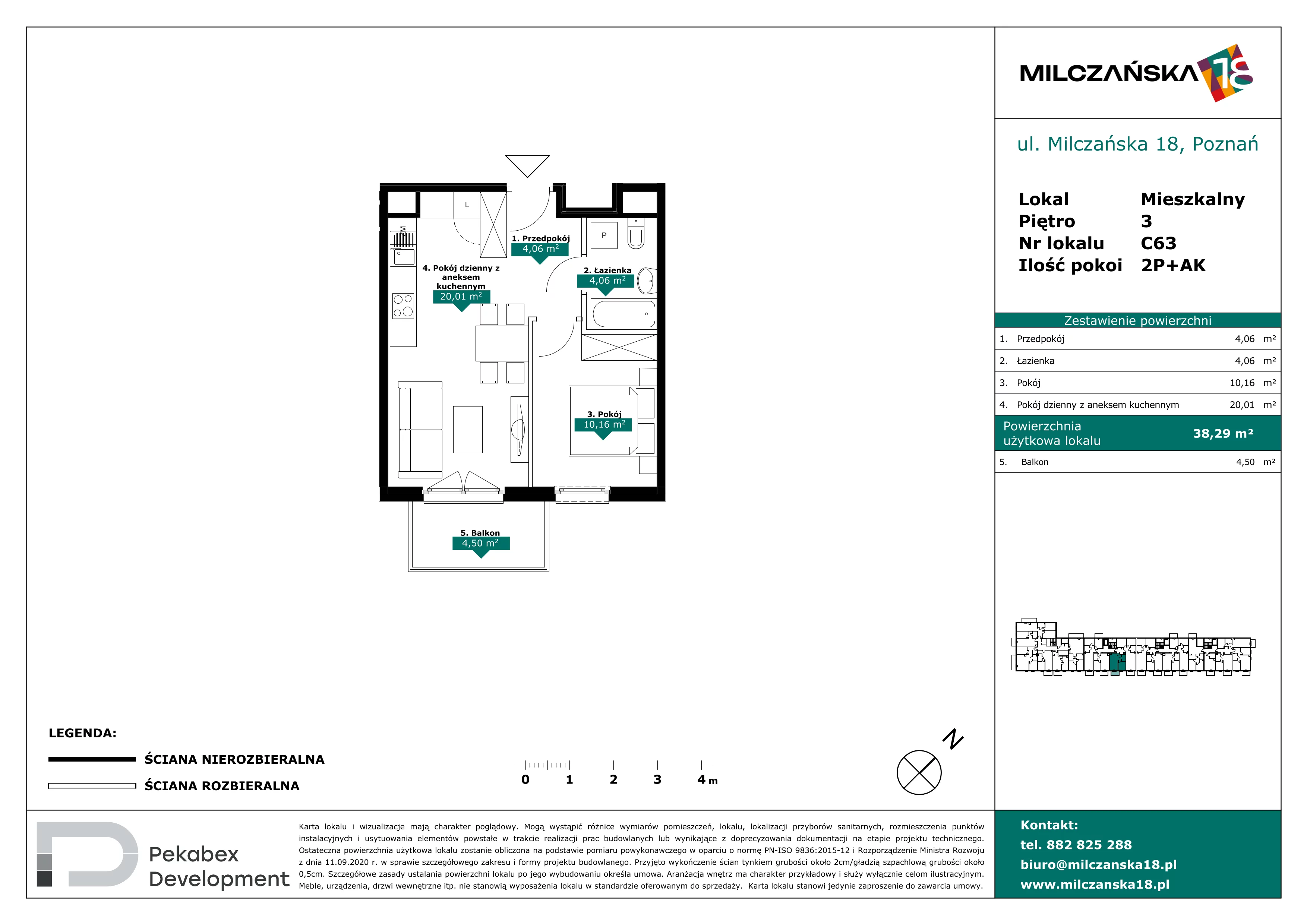 2 pokoje, mieszkanie 38,29 m², piętro 3, oferta nr C63, Milczańska 18, Poznań, Rataje, Łacina, ul. Milczańska 18