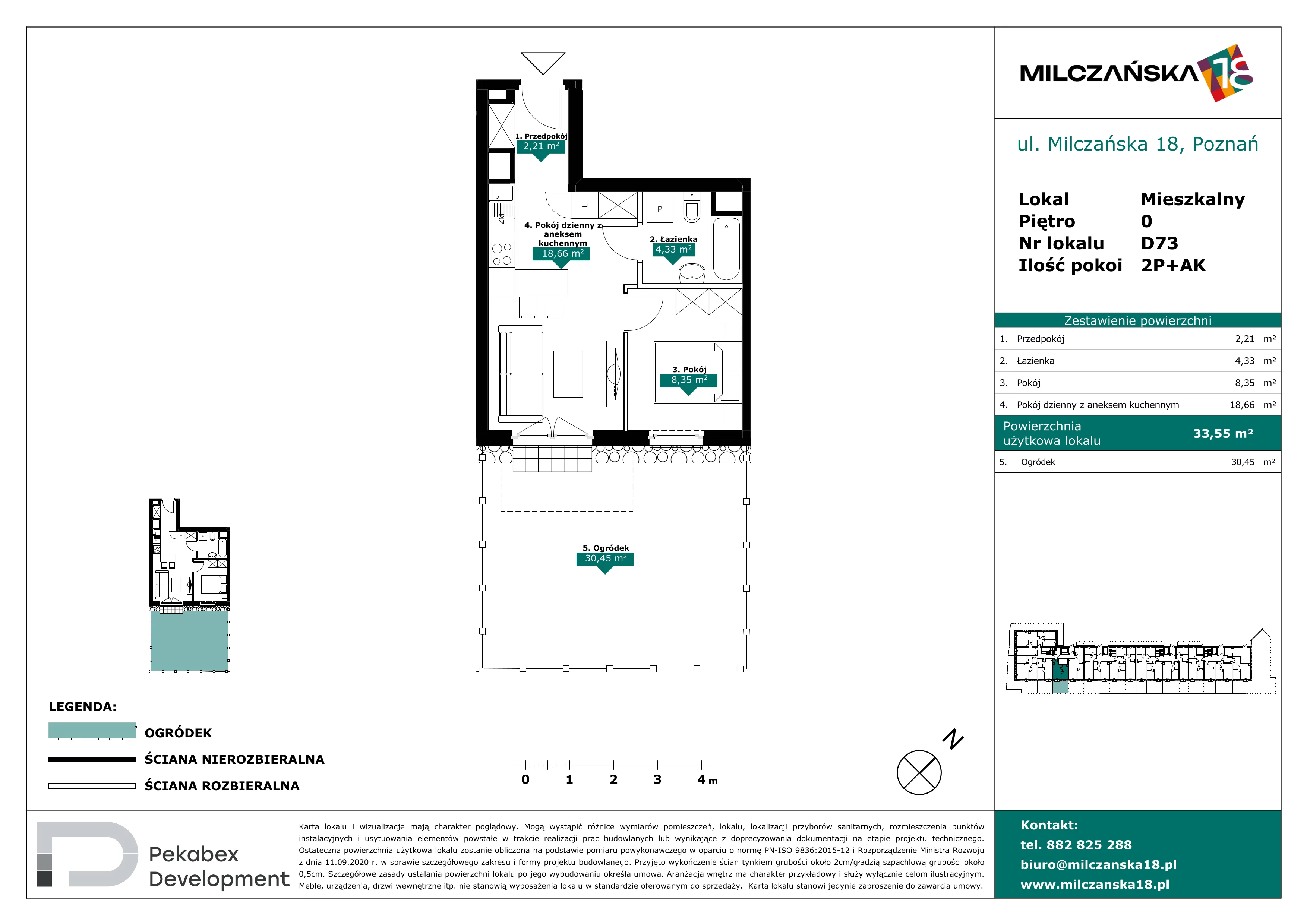 2 pokoje, mieszkanie 33,55 m², parter, oferta nr D73, Milczańska 18, Poznań, Rataje, Łacina, ul. Milczańska 18