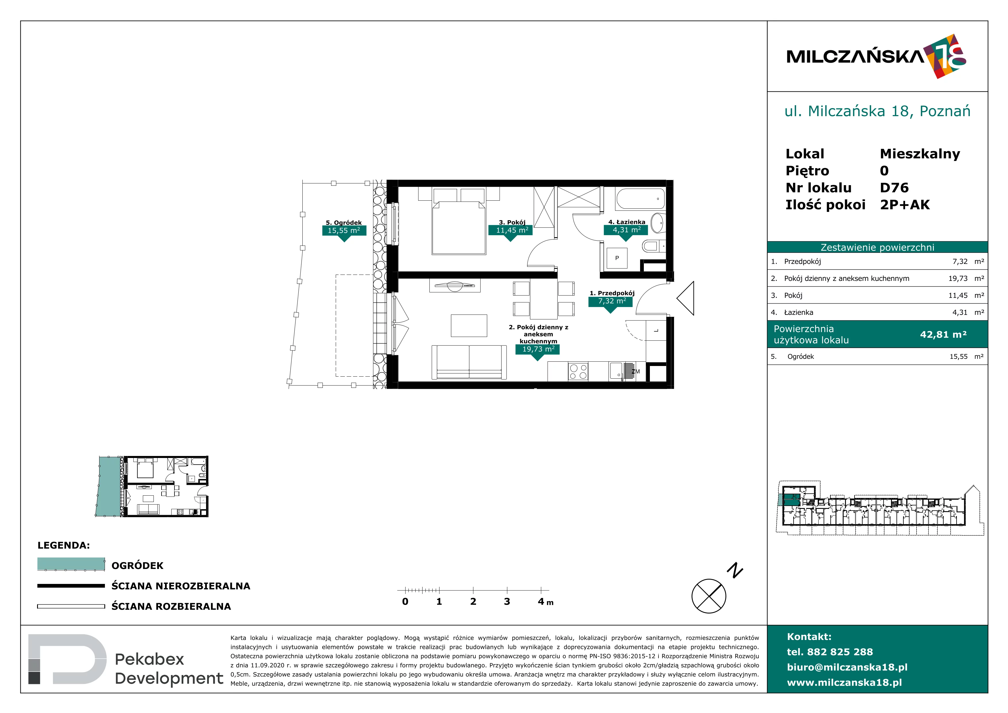 2 pokoje, mieszkanie 42,81 m², parter, oferta nr D76, Milczańska 18, Poznań, Rataje, Łacina, ul. Milczańska 18