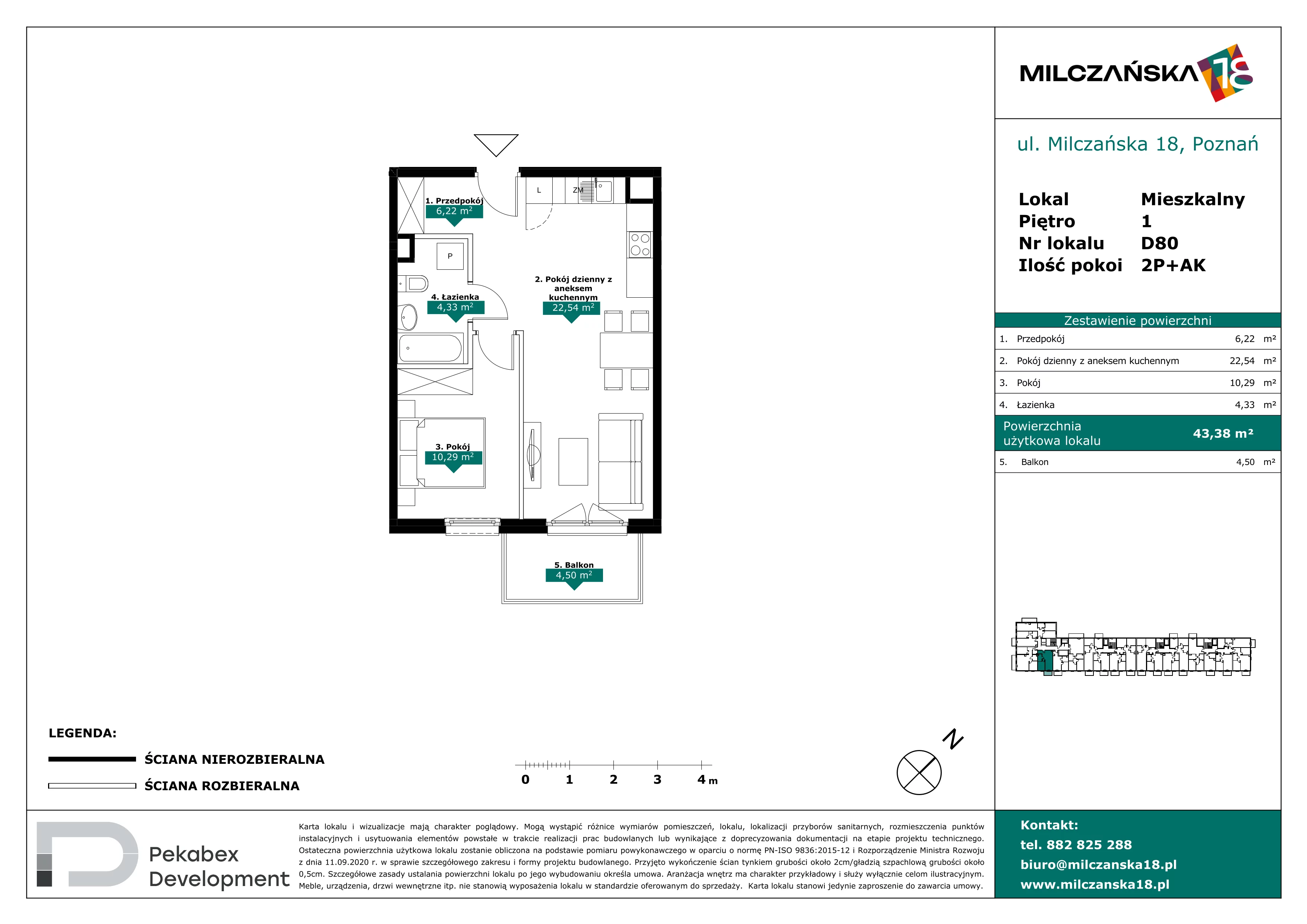 2 pokoje, mieszkanie 43,38 m², piętro 1, oferta nr D80, Milczańska 18, Poznań, Rataje, Łacina, ul. Milczańska 18