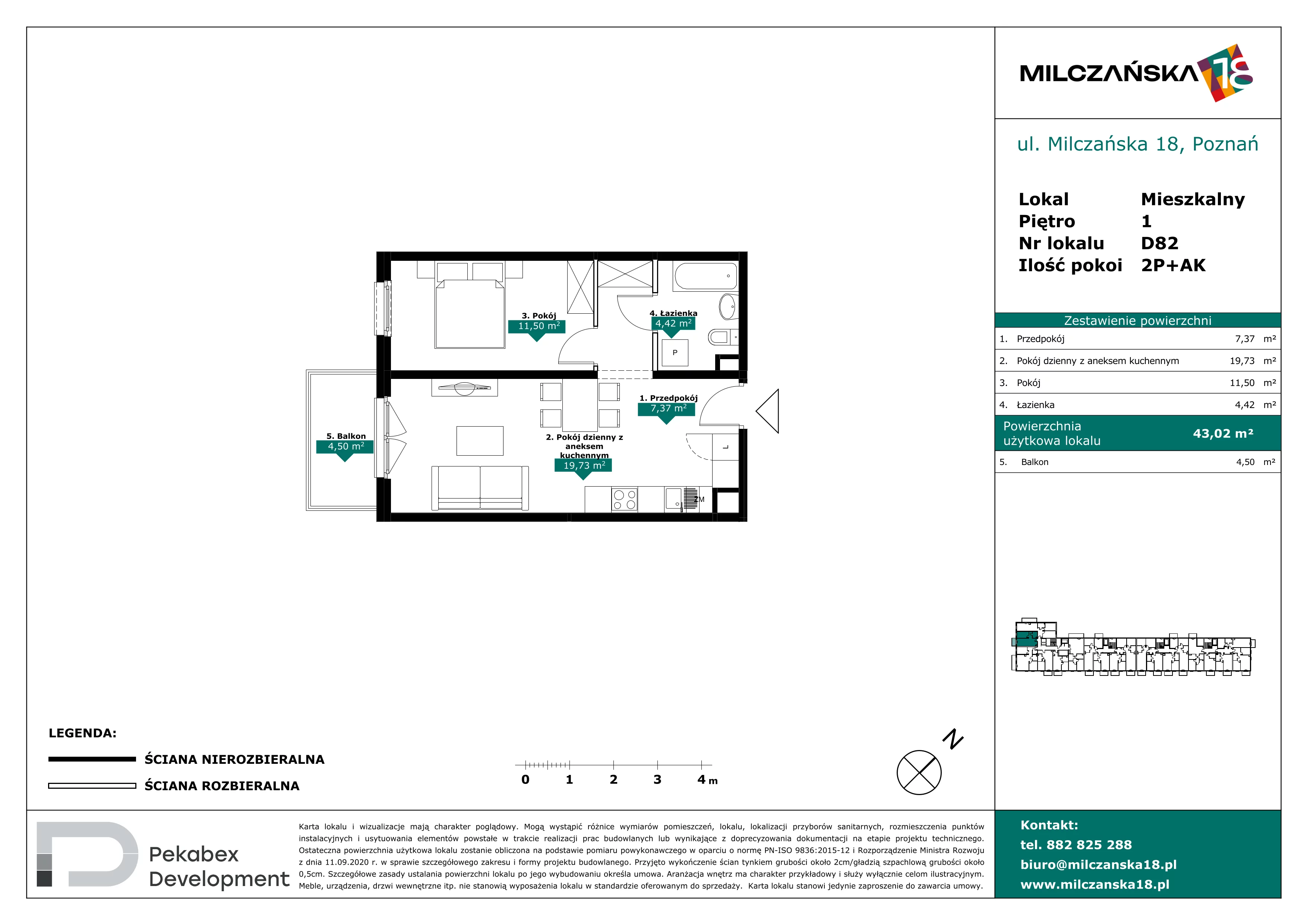 2 pokoje, mieszkanie 43,02 m², piętro 1, oferta nr D82, Milczańska 18, Poznań, Rataje, Łacina, ul. Milczańska 18
