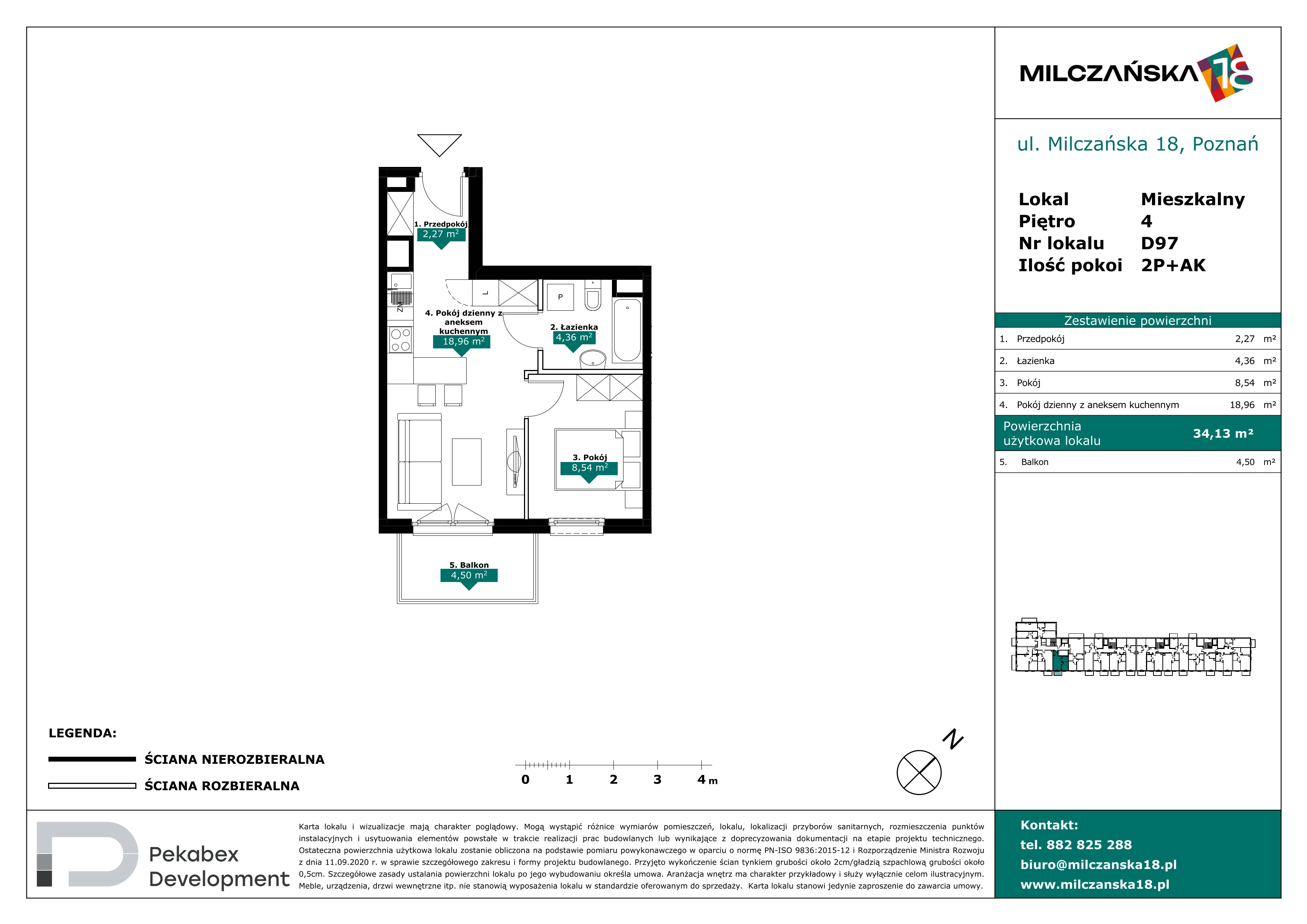 2 pokoje, mieszkanie 34,13 m², piętro 4, oferta nr D97, Milczańska 18, Poznań, Rataje, Łacina, ul. Milczańska 18