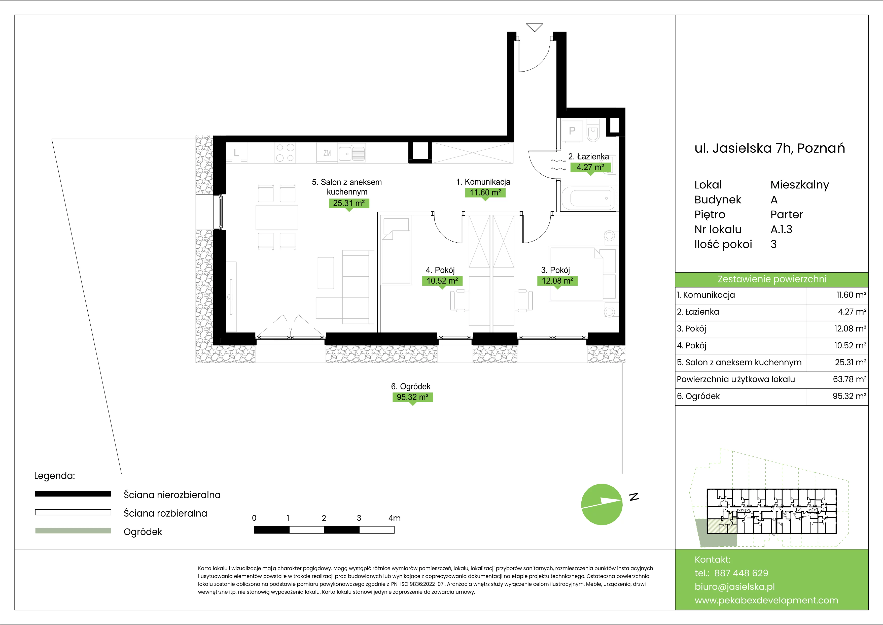 3 pokoje, mieszkanie 63,78 m², parter, oferta nr A.1.3, JA_SIELSKA etap V, Poznań, Podolany, Podolany, ul. Jasielska