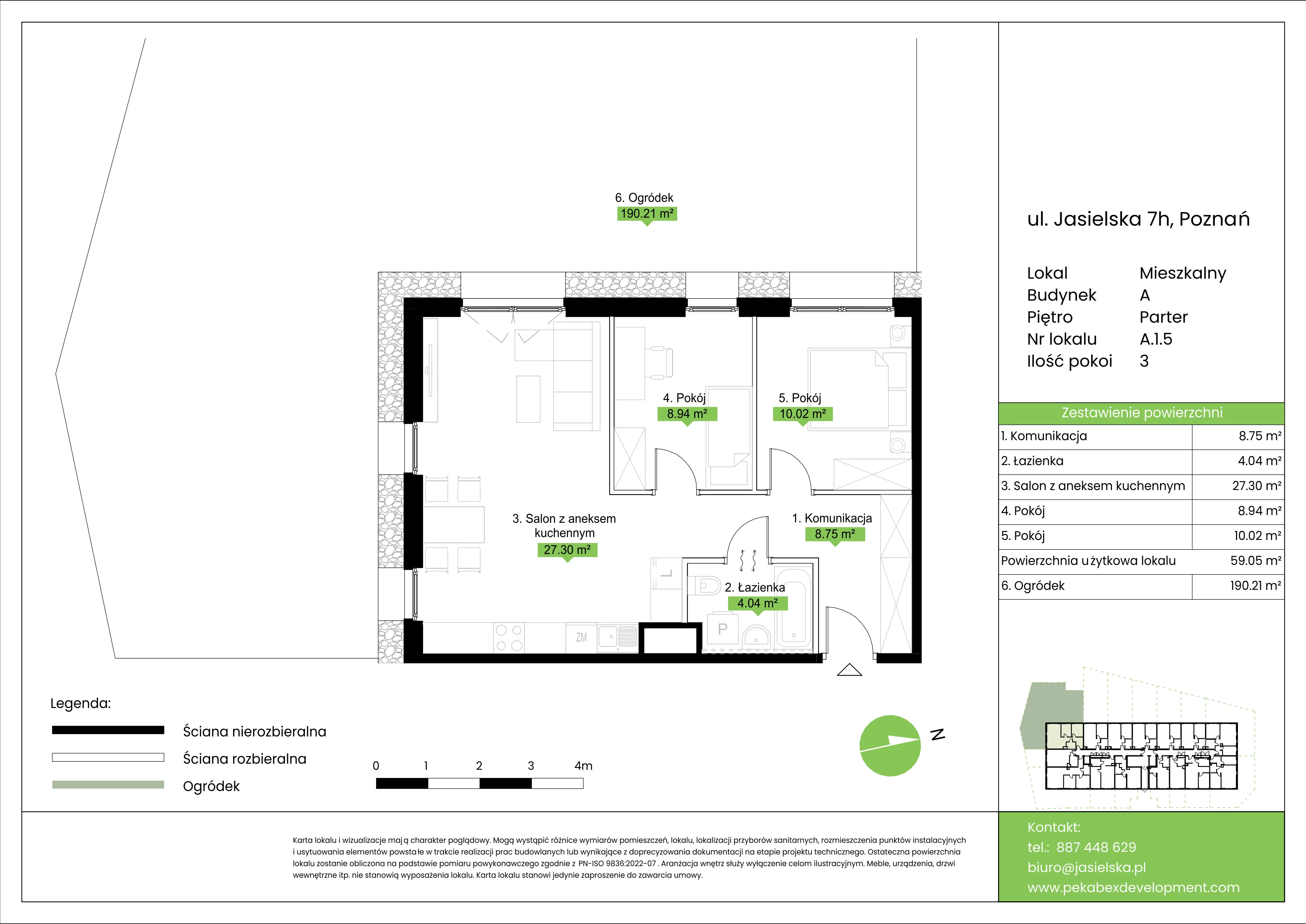 3 pokoje, mieszkanie 59,05 m², parter, oferta nr A.1.5, JA_SIELSKA etap V, Poznań, Podolany, Podolany, ul. Jasielska