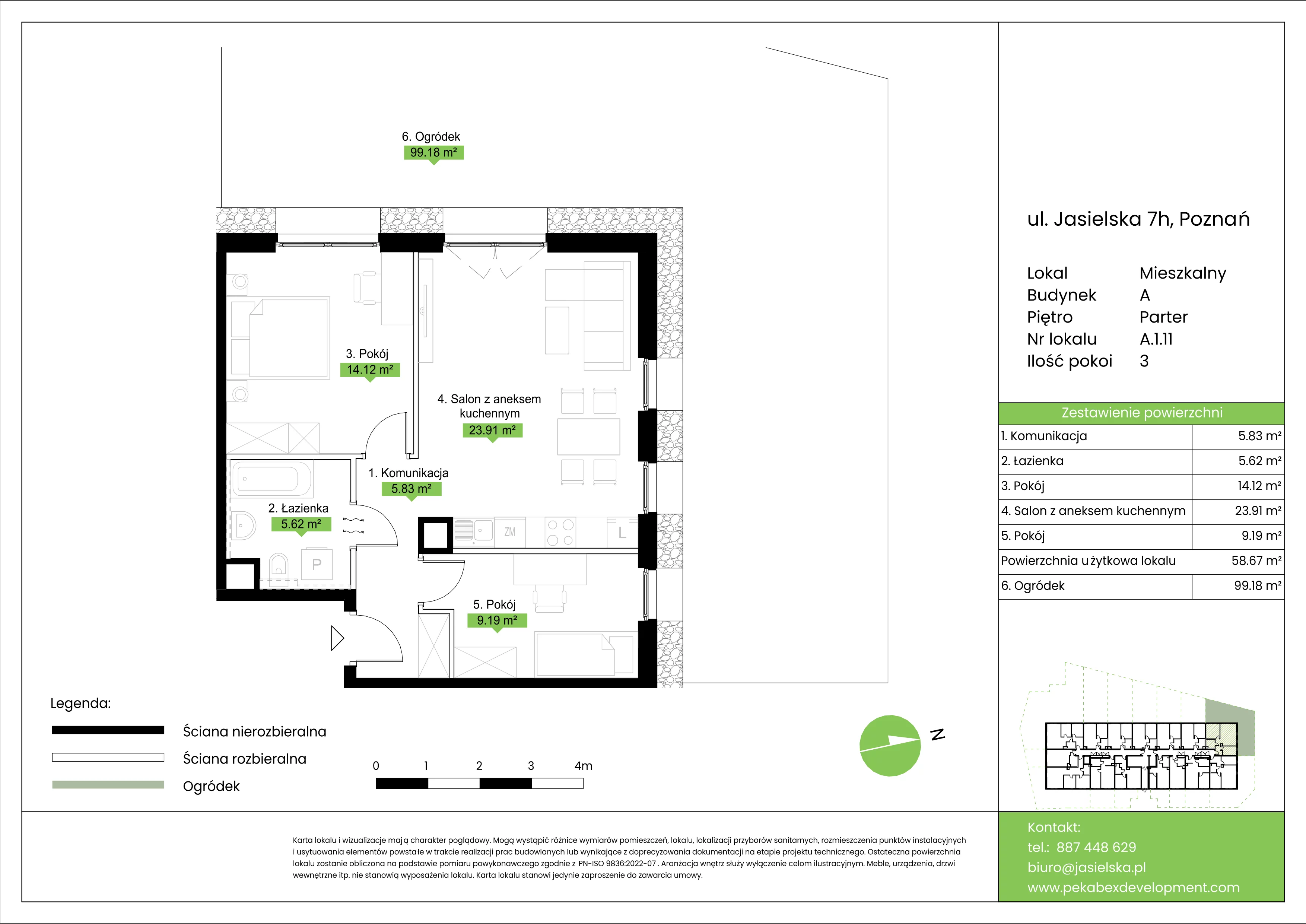 3 pokoje, mieszkanie 58,67 m², parter, oferta nr A.1.11, JA_SIELSKA etap V, Poznań, Podolany, Podolany, ul. Jasielska