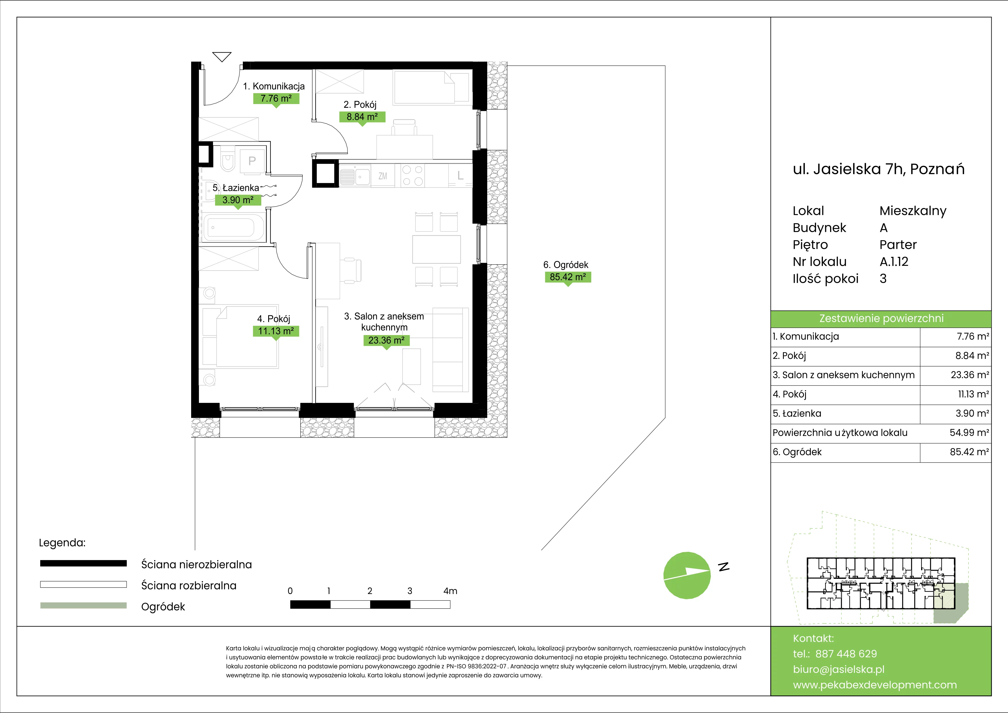 3 pokoje, mieszkanie 54,99 m², parter, oferta nr A.1.12, JA_SIELSKA etap V, Poznań, Podolany, Podolany, ul. Jasielska