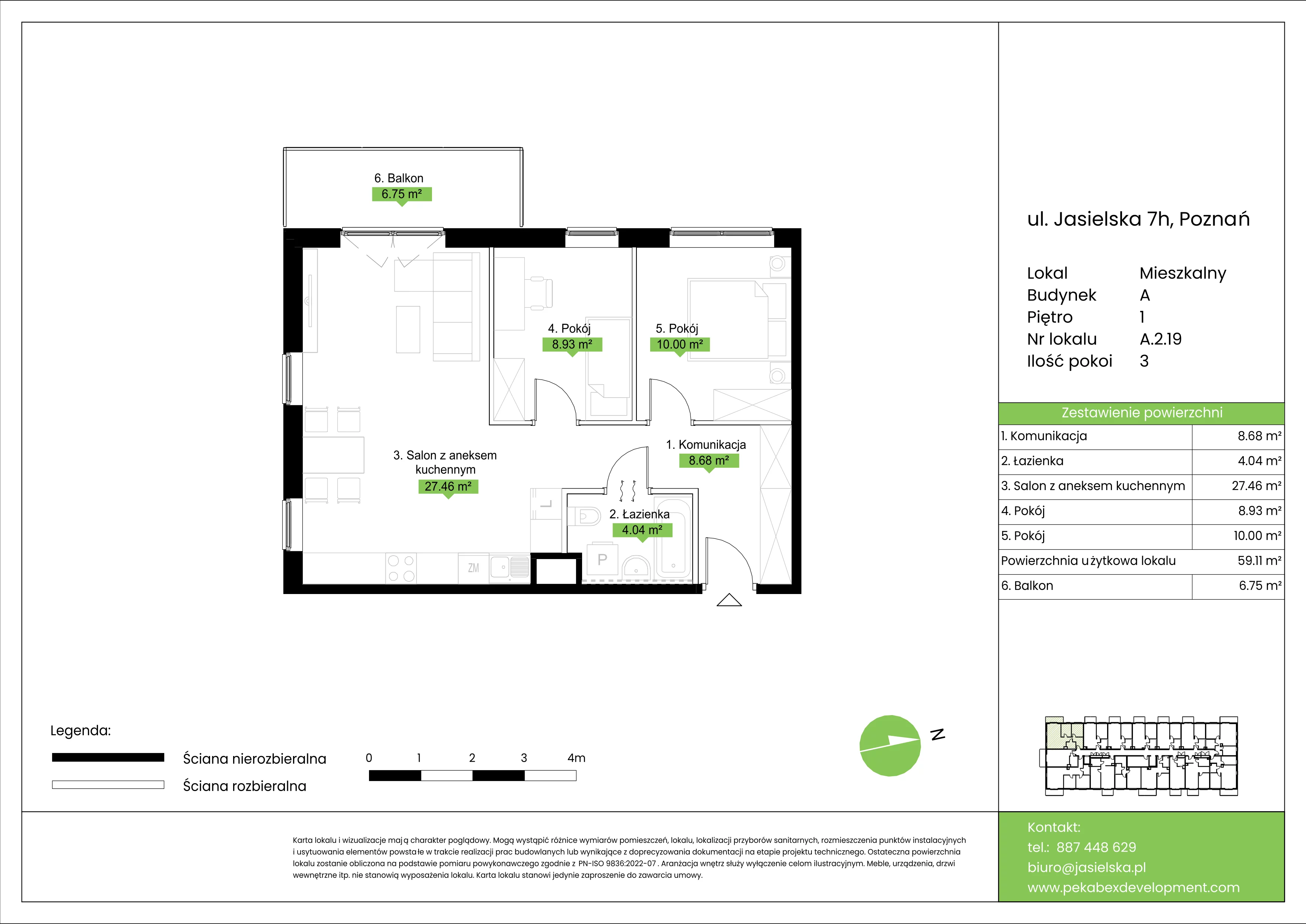 3 pokoje, mieszkanie 59,11 m², piętro 1, oferta nr A.2.19, JA_SIELSKA etap V, Poznań, Podolany, Podolany, ul. Jasielska
