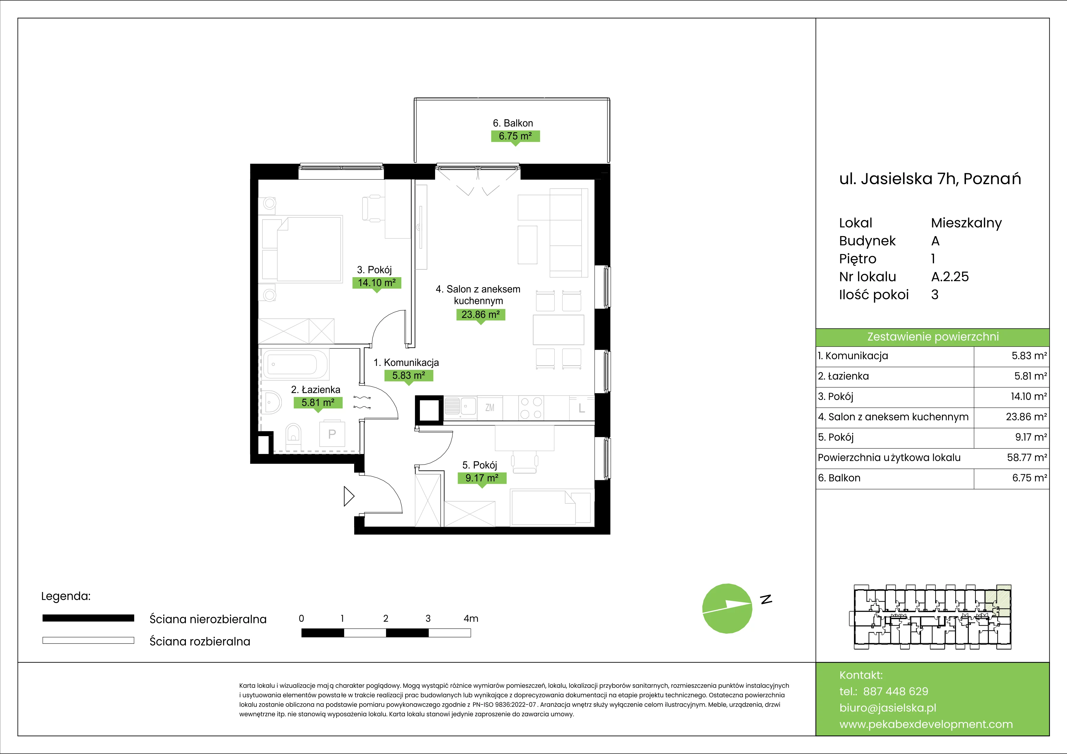 3 pokoje, mieszkanie 58,77 m², piętro 1, oferta nr A.2.25, JA_SIELSKA etap V, Poznań, Podolany, Podolany, ul. Jasielska
