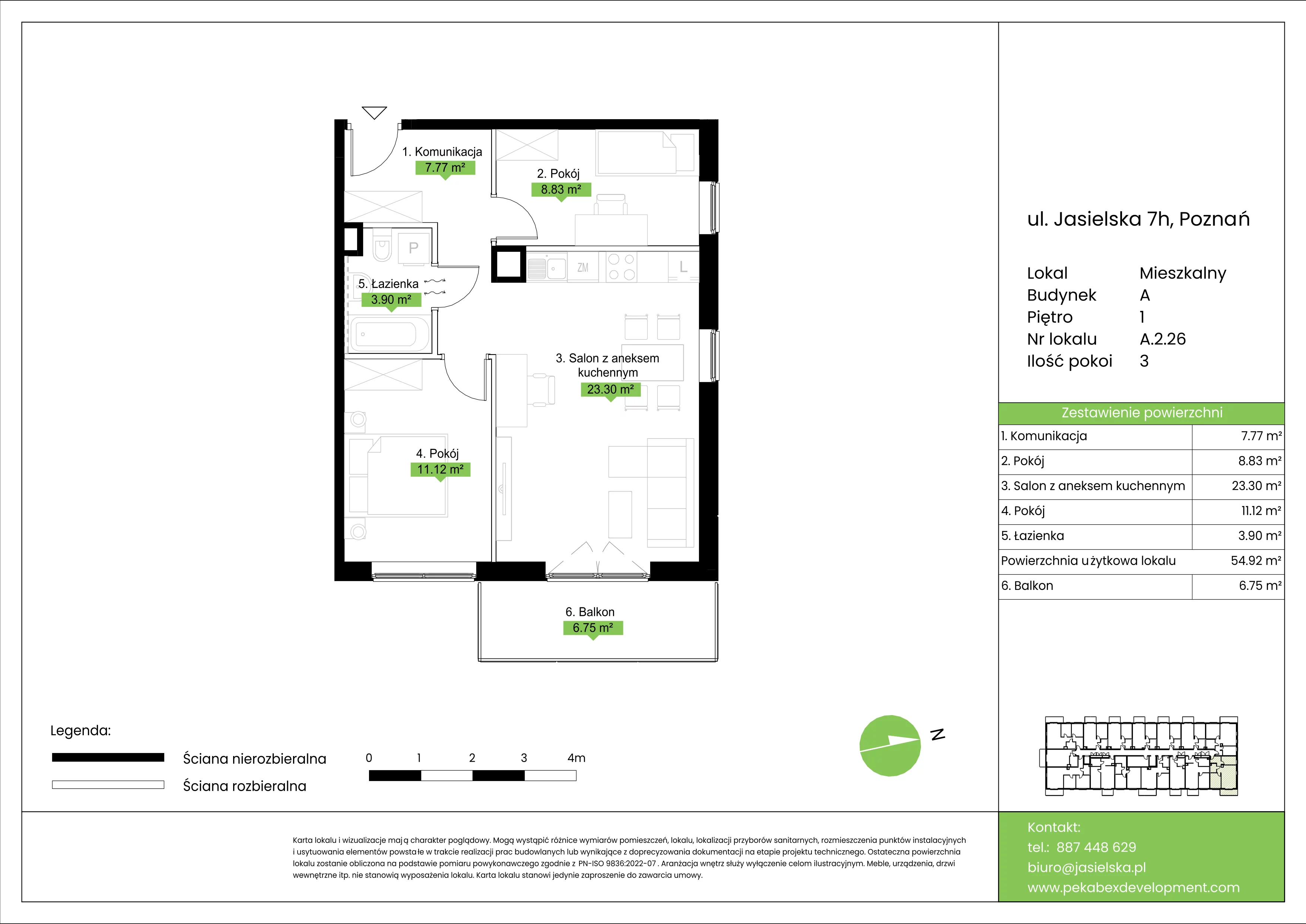 3 pokoje, mieszkanie 54,92 m², piętro 1, oferta nr A.2.26, JA_SIELSKA etap V, Poznań, Podolany, Podolany, ul. Jasielska