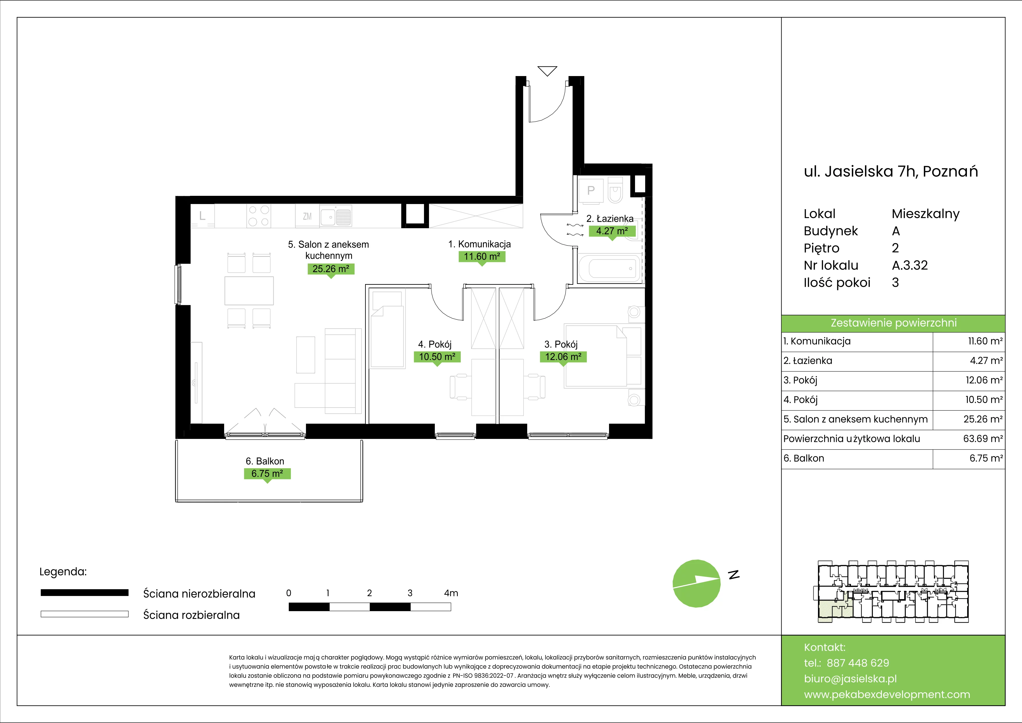 3 pokoje, mieszkanie 63,69 m², piętro 2, oferta nr A.3.32, JA_SIELSKA etap V, Poznań, Podolany, Podolany, ul. Jasielska