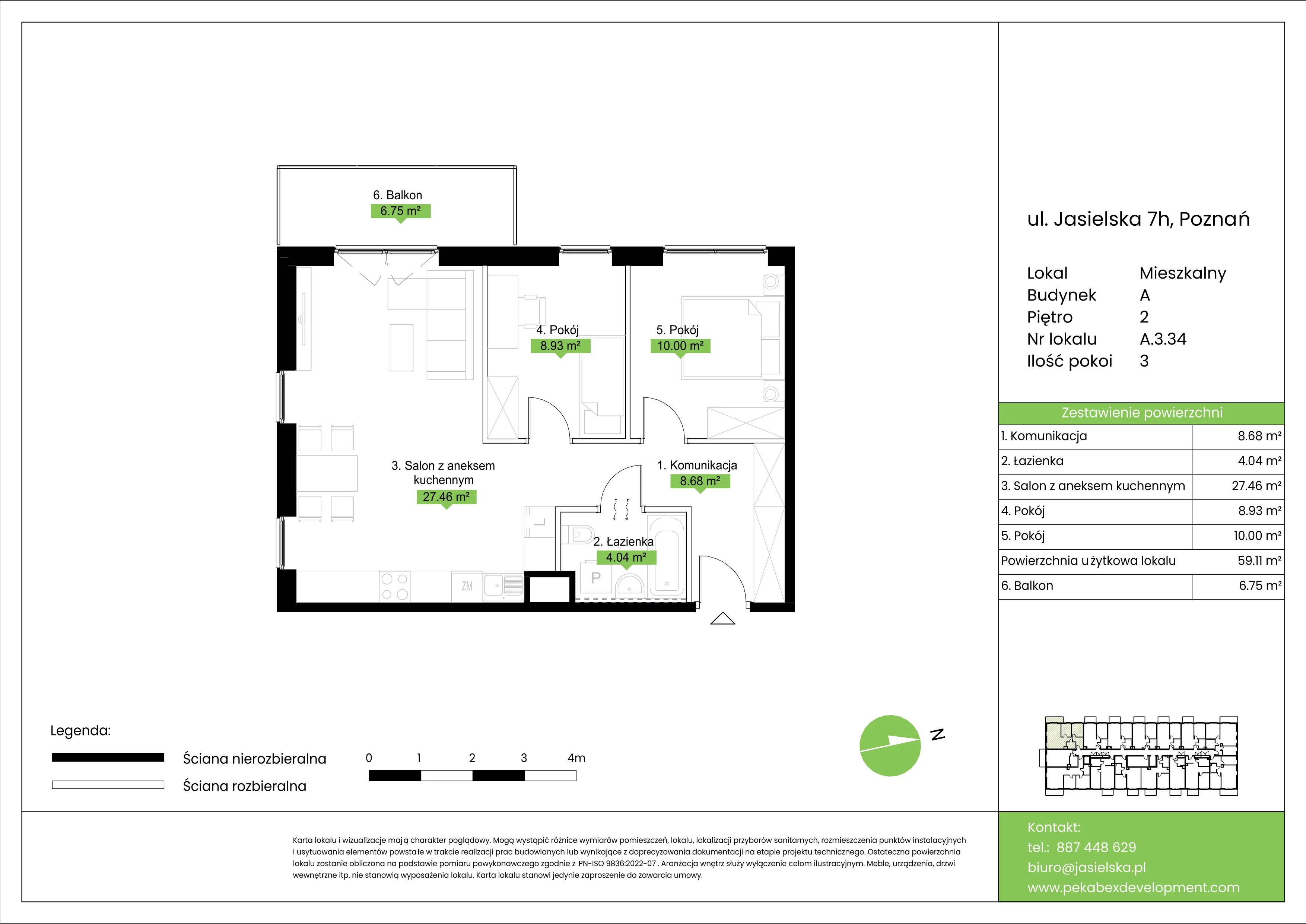 3 pokoje, mieszkanie 59,11 m², piętro 2, oferta nr A.3.34, JA_SIELSKA etap V, Poznań, Podolany, Podolany, ul. Jasielska