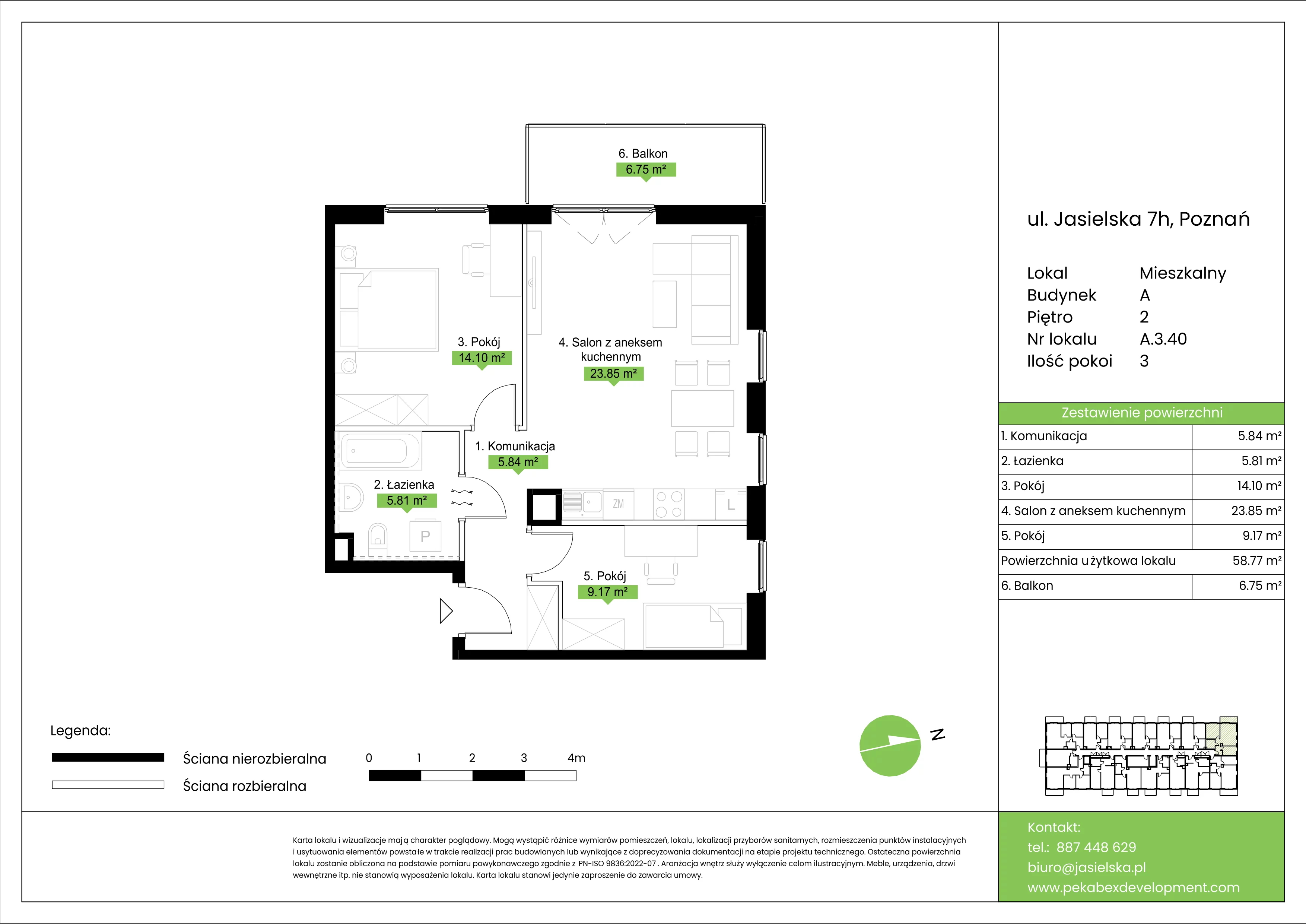 3 pokoje, mieszkanie 58,77 m², piętro 2, oferta nr A.3.40, JA_SIELSKA etap V, Poznań, Podolany, Podolany, ul. Jasielska