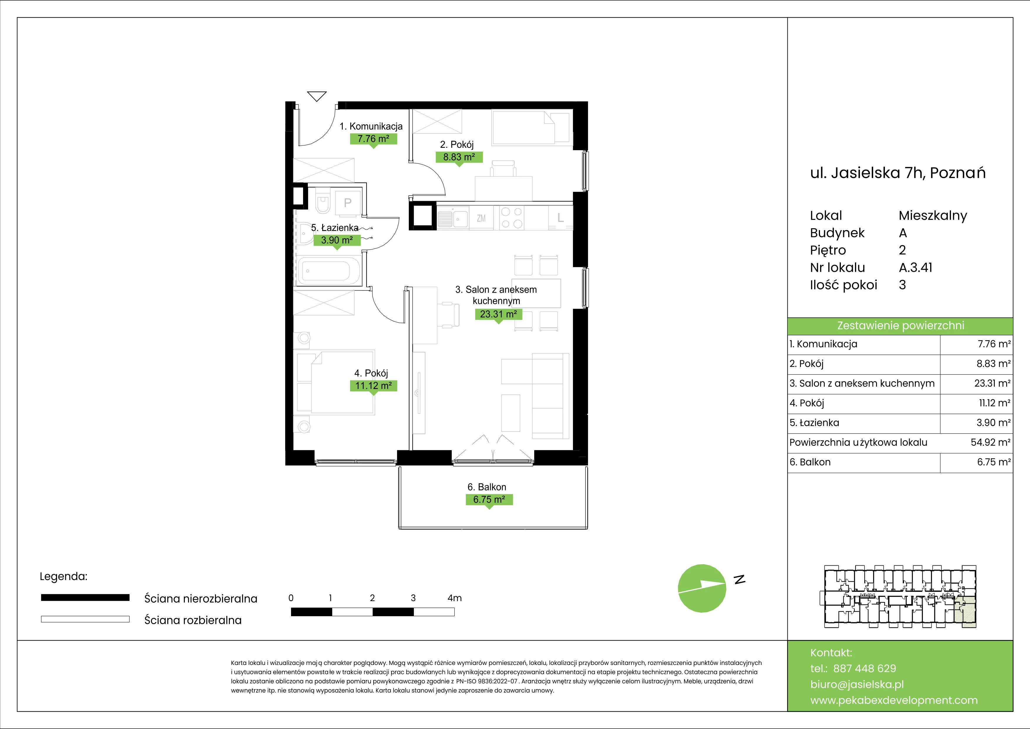 3 pokoje, mieszkanie 54,92 m², piętro 2, oferta nr A.3.41, JA_SIELSKA etap V, Poznań, Podolany, Podolany, ul. Jasielska