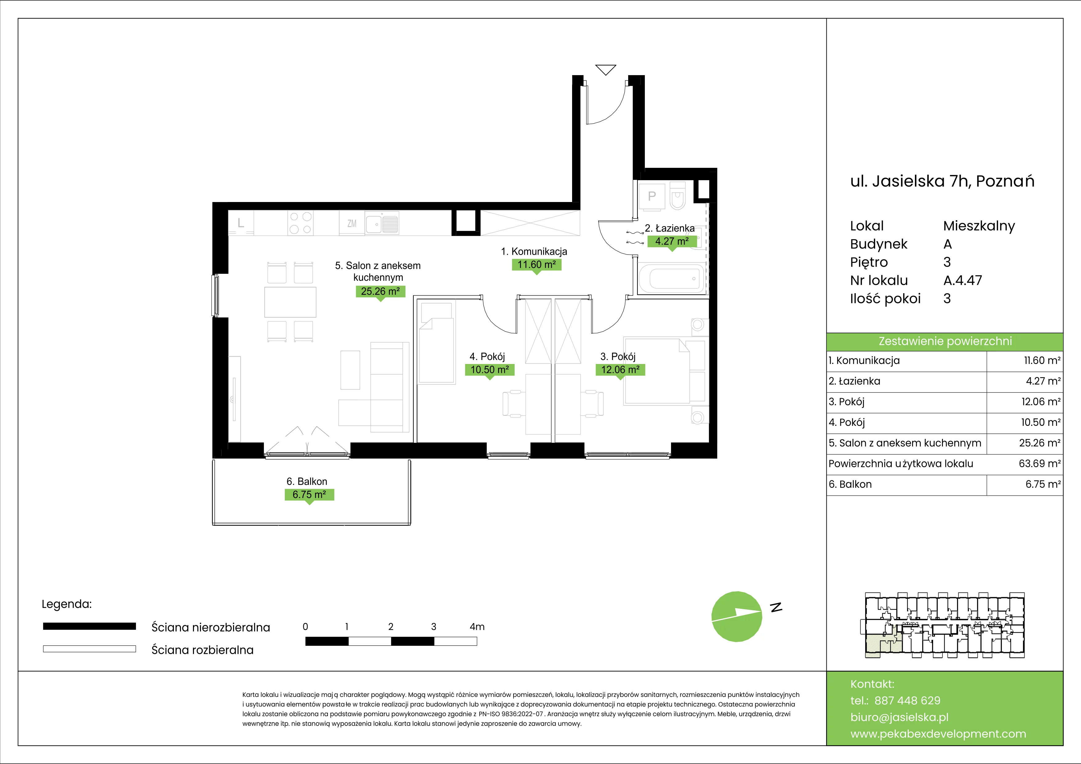 3 pokoje, mieszkanie 63,69 m², piętro 3, oferta nr A.4.47, JA_SIELSKA etap V, Poznań, Podolany, Podolany, ul. Jasielska
