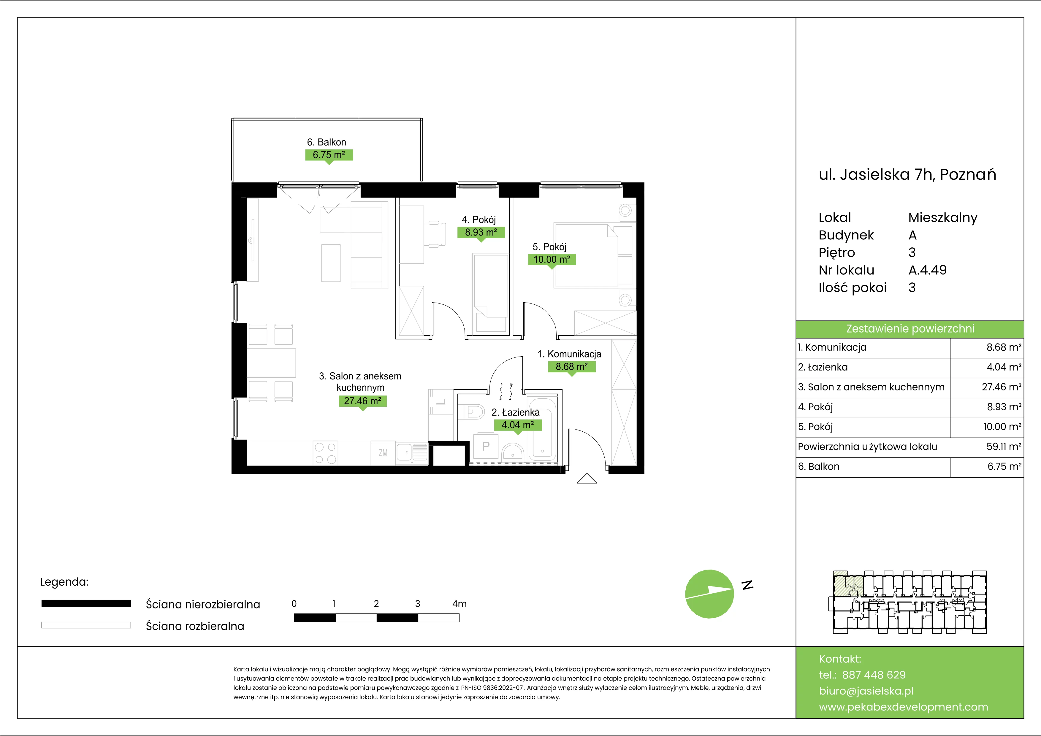 3 pokoje, mieszkanie 59,11 m², piętro 3, oferta nr A.4.49, JA_SIELSKA etap V, Poznań, Podolany, Podolany, ul. Jasielska